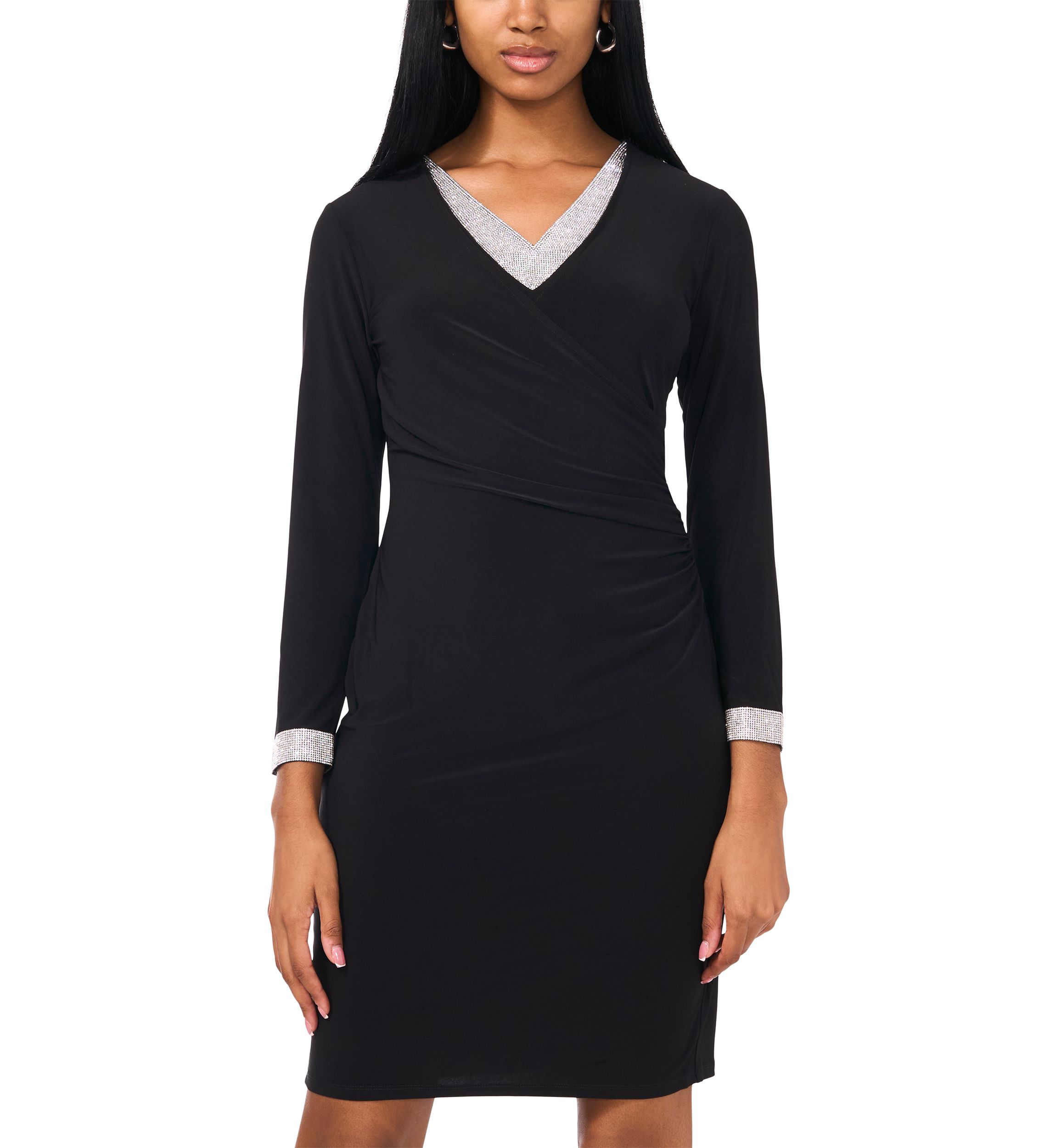 Womens Long Sleeve V-Neck Solid Wrap Fit and Flare Dress