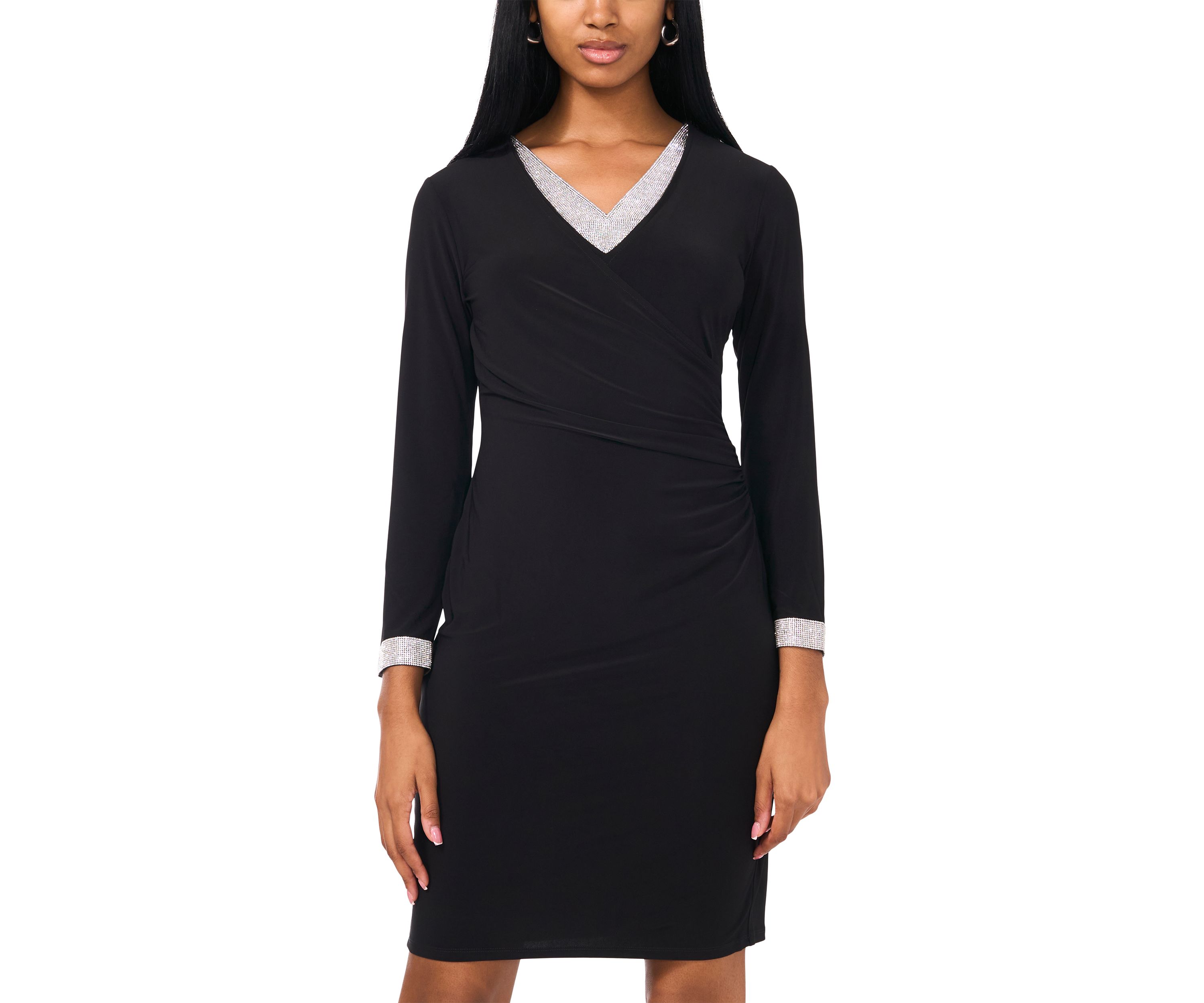 Womens Long Sleeve V-Neck Solid Wrap Fit and Flare Dress