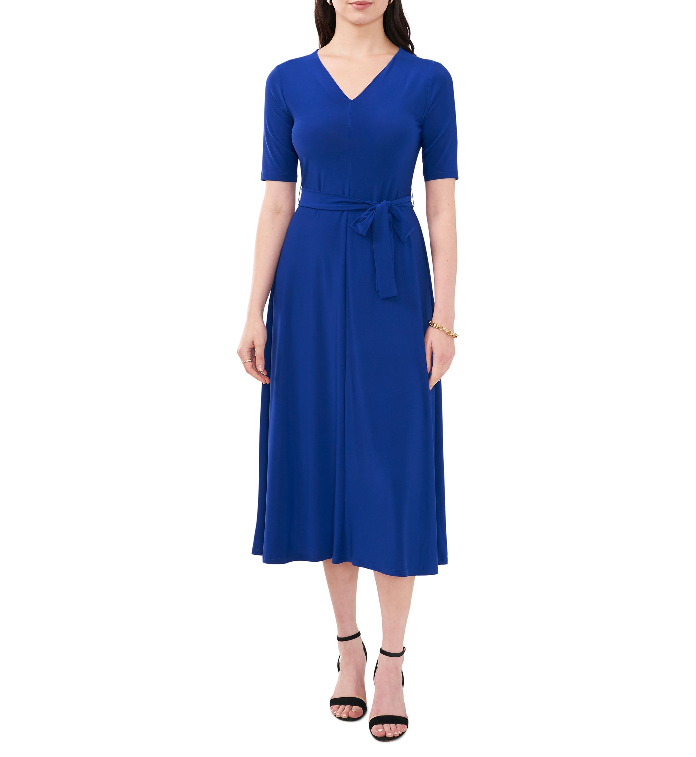 Womens Short Sleeve V-Neck Tie Waist Solid Dress