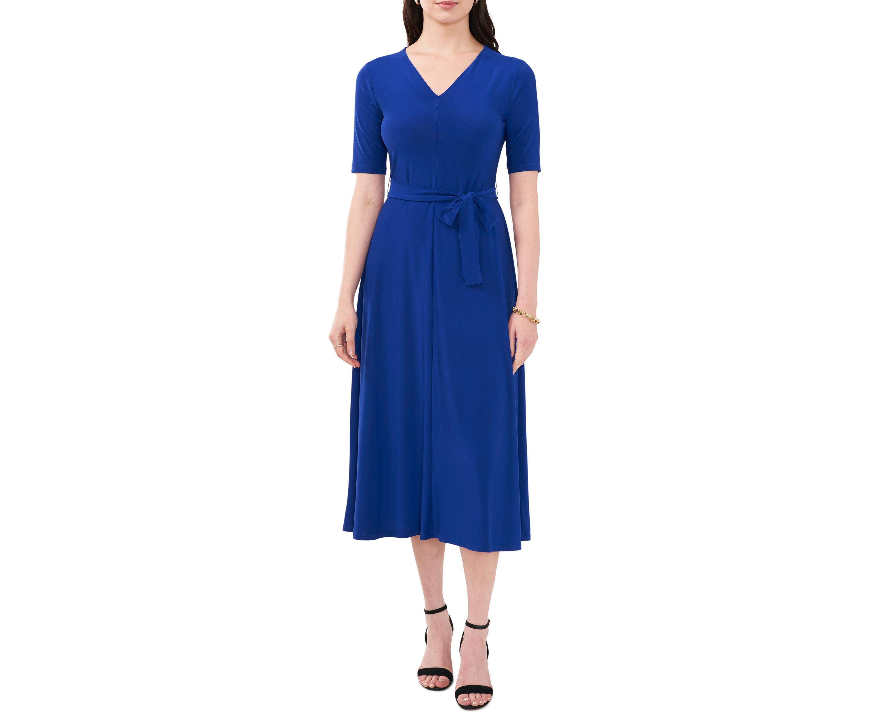 Womens Short Sleeve V-Neck Tie Waist Solid Dress