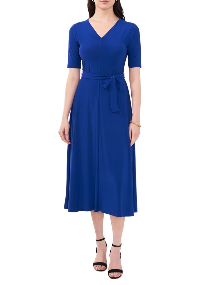 Womens Short Sleeve V-Neck Tie Waist Solid Dress