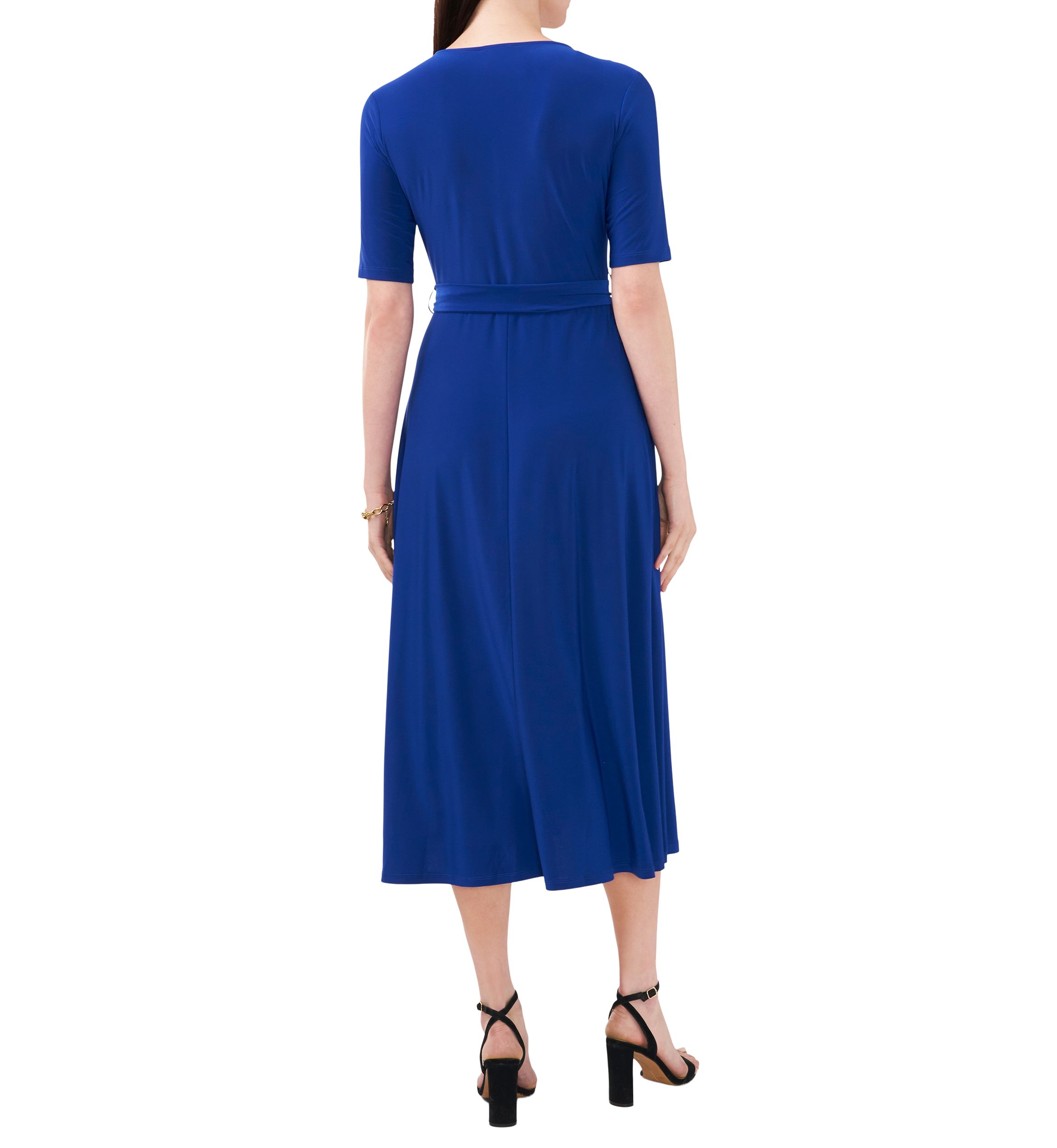 Womens Short Sleeve V-Neck Tie Waist Solid Dress