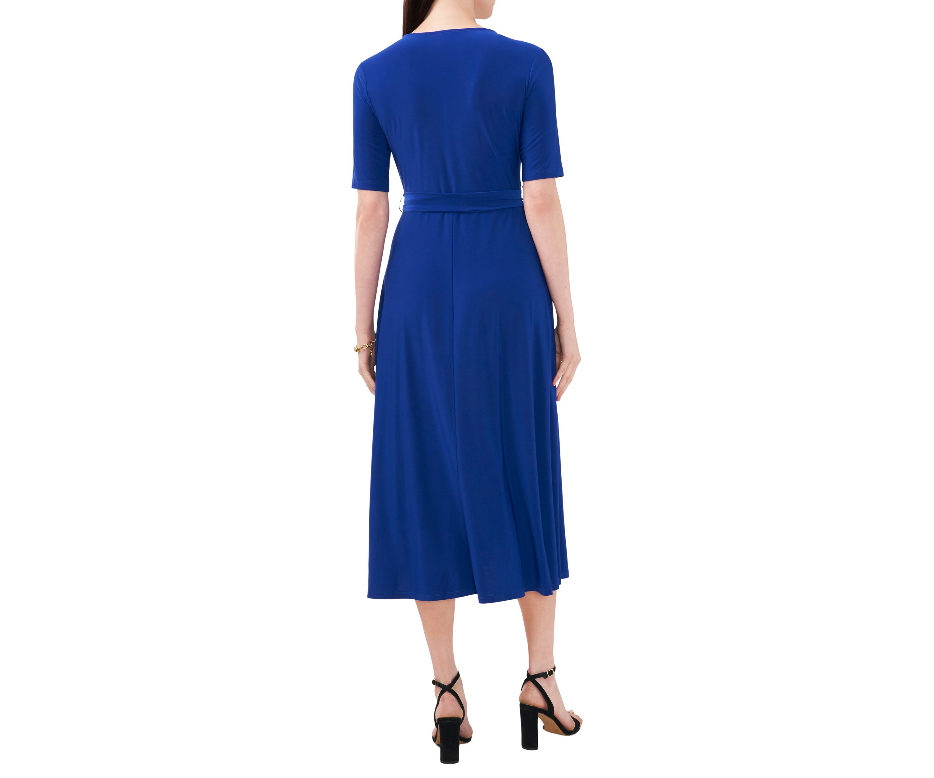 Womens Short Sleeve V-Neck Tie Waist Solid Dress