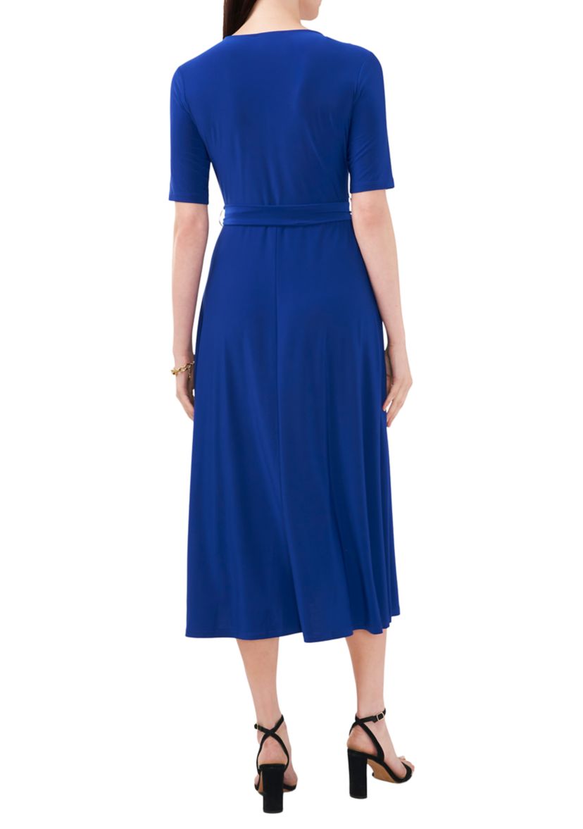 Womens Short Sleeve V-Neck Tie Waist Solid Dress