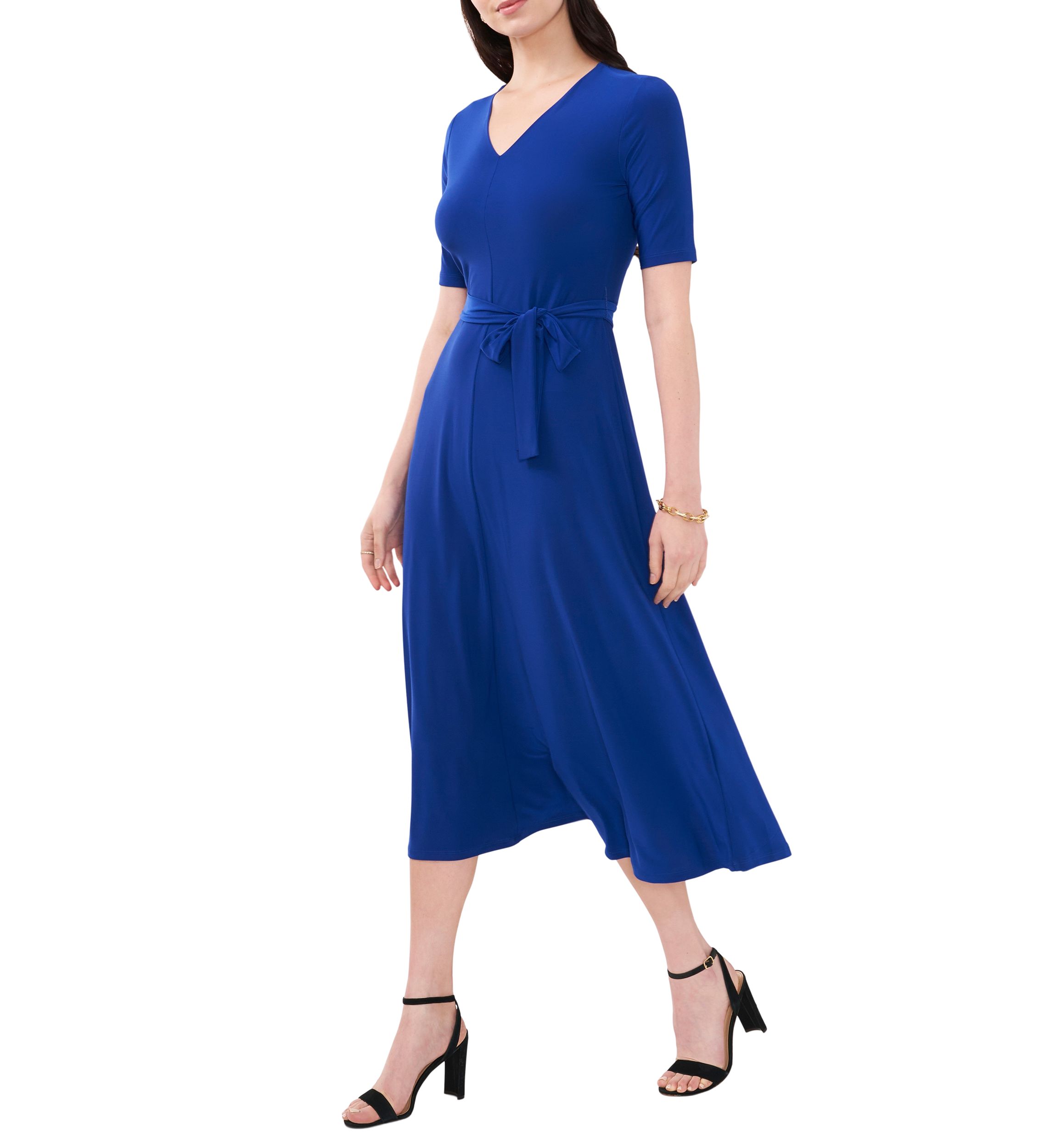 Womens Short Sleeve V-Neck Tie Waist Solid Dress