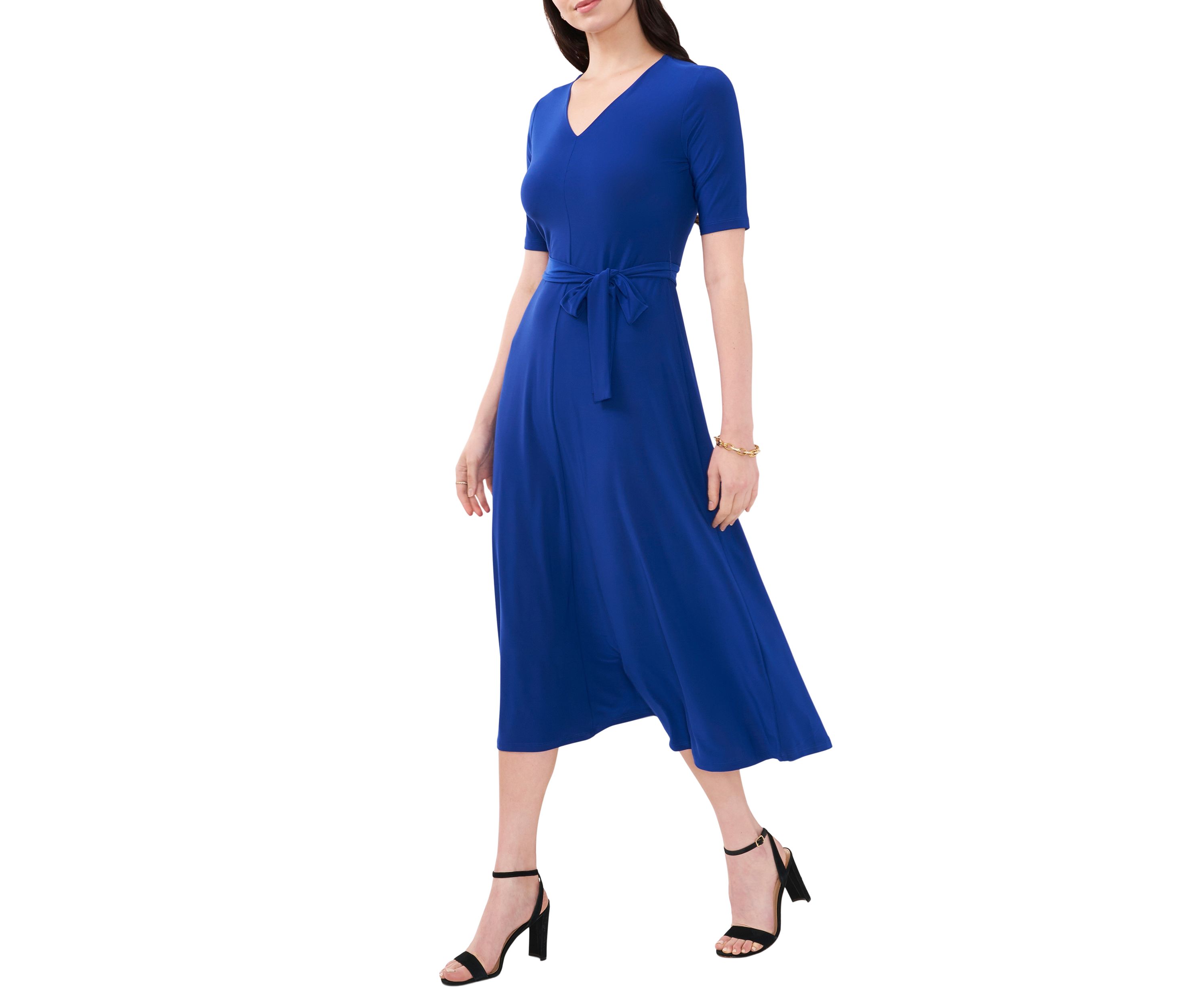 Womens Short Sleeve V-Neck Tie Waist Solid Dress