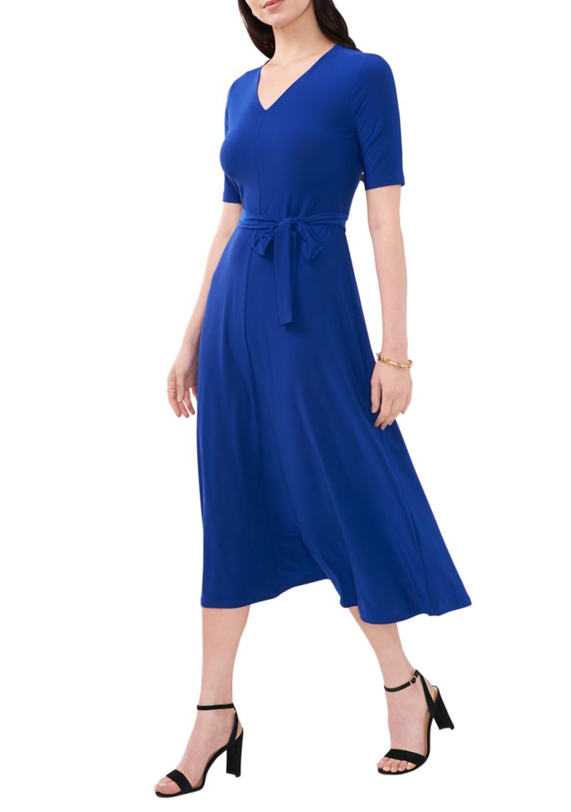 Womens Short Sleeve V-Neck Tie Waist Solid Dress