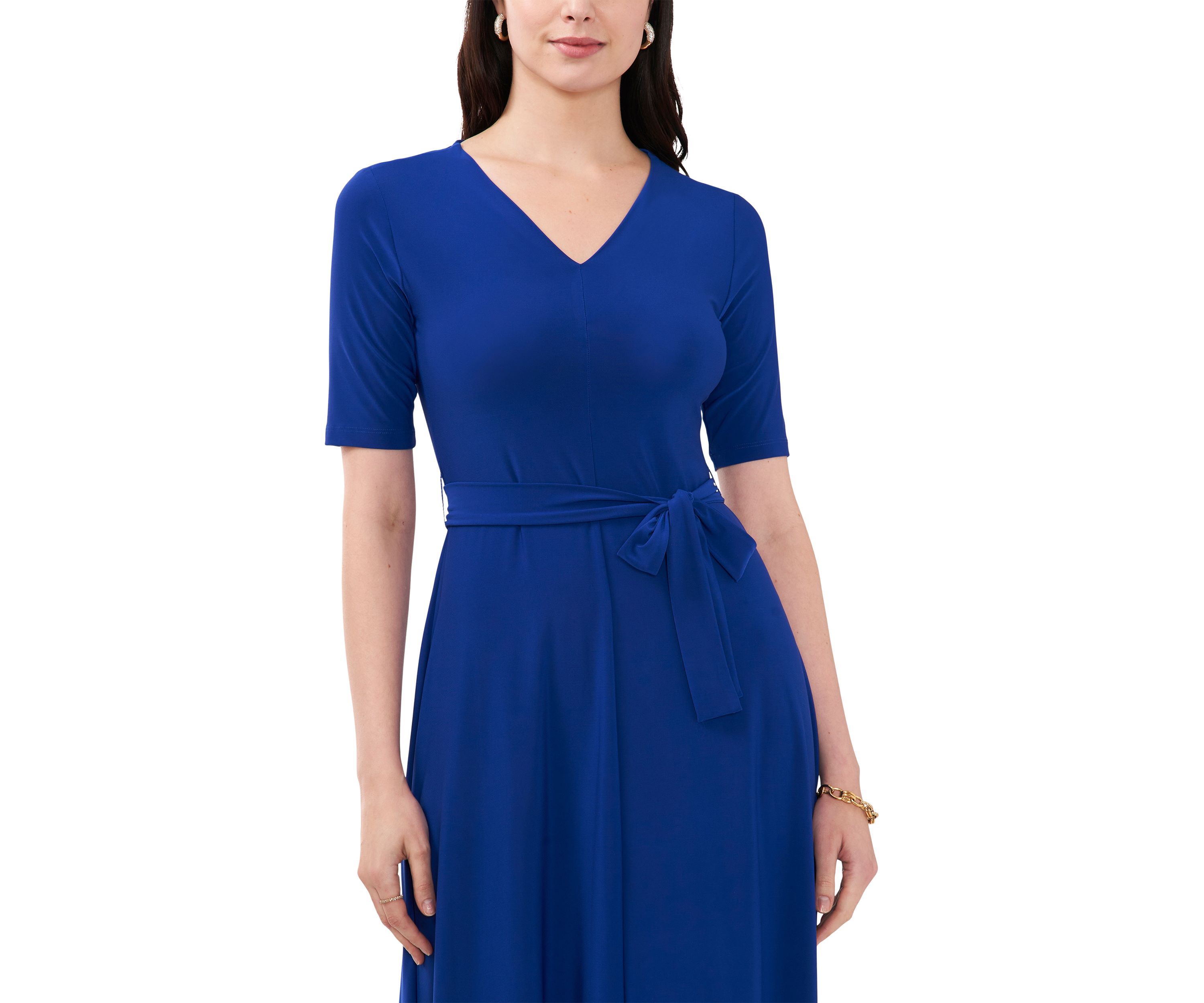 Womens Short Sleeve V-Neck Tie Waist Solid Dress