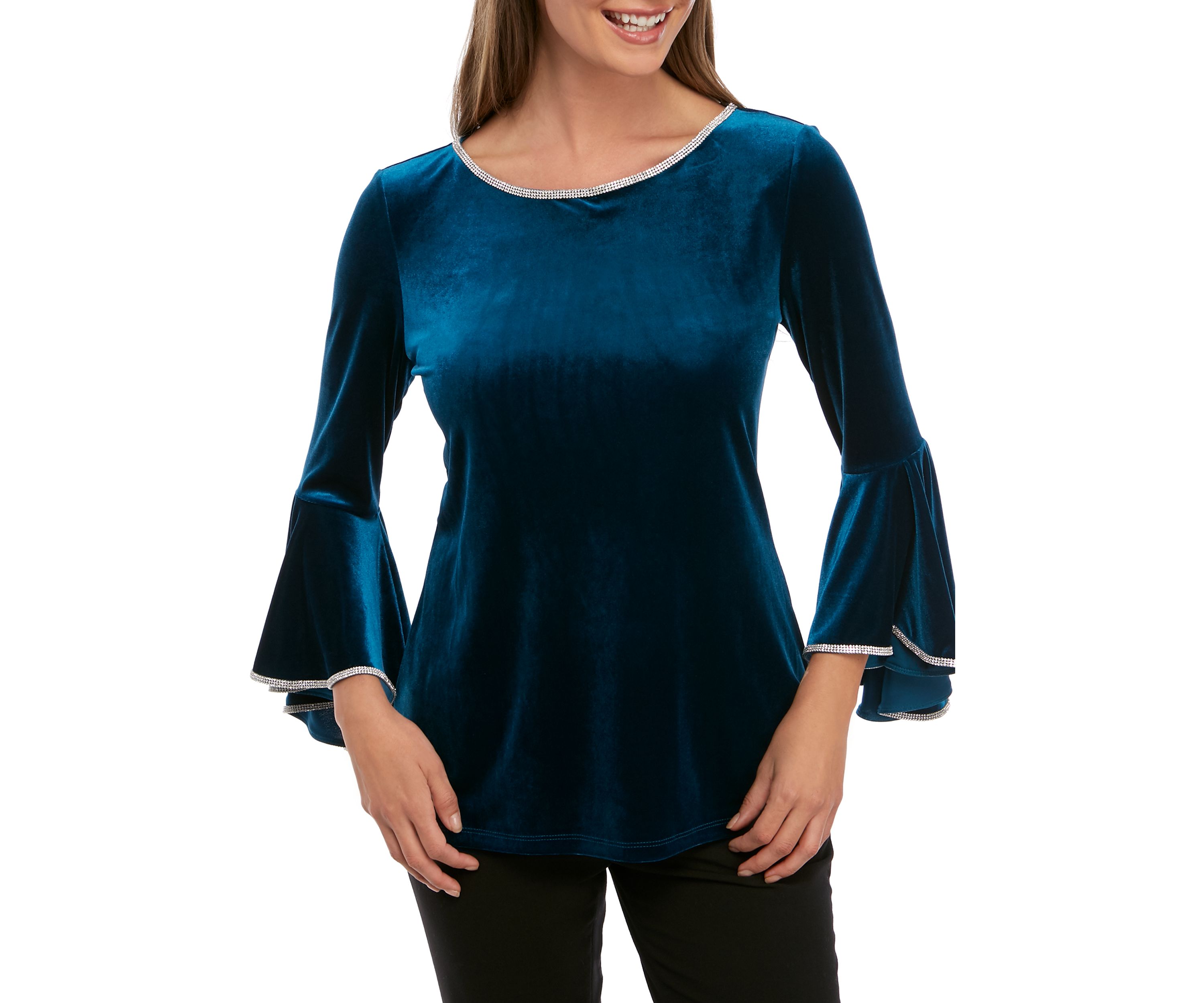Womens Bell Sleeve Velvet Top with Rhinestone Trim 