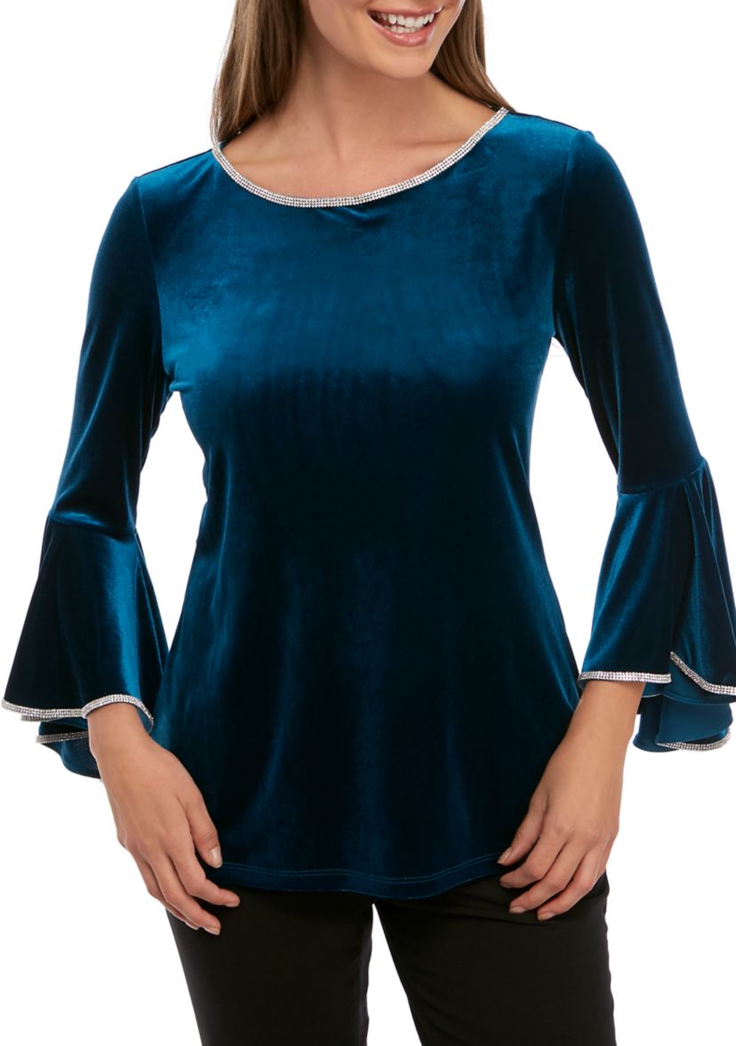 Womens Bell Sleeve Velvet Top with Rhinestone Trim 
