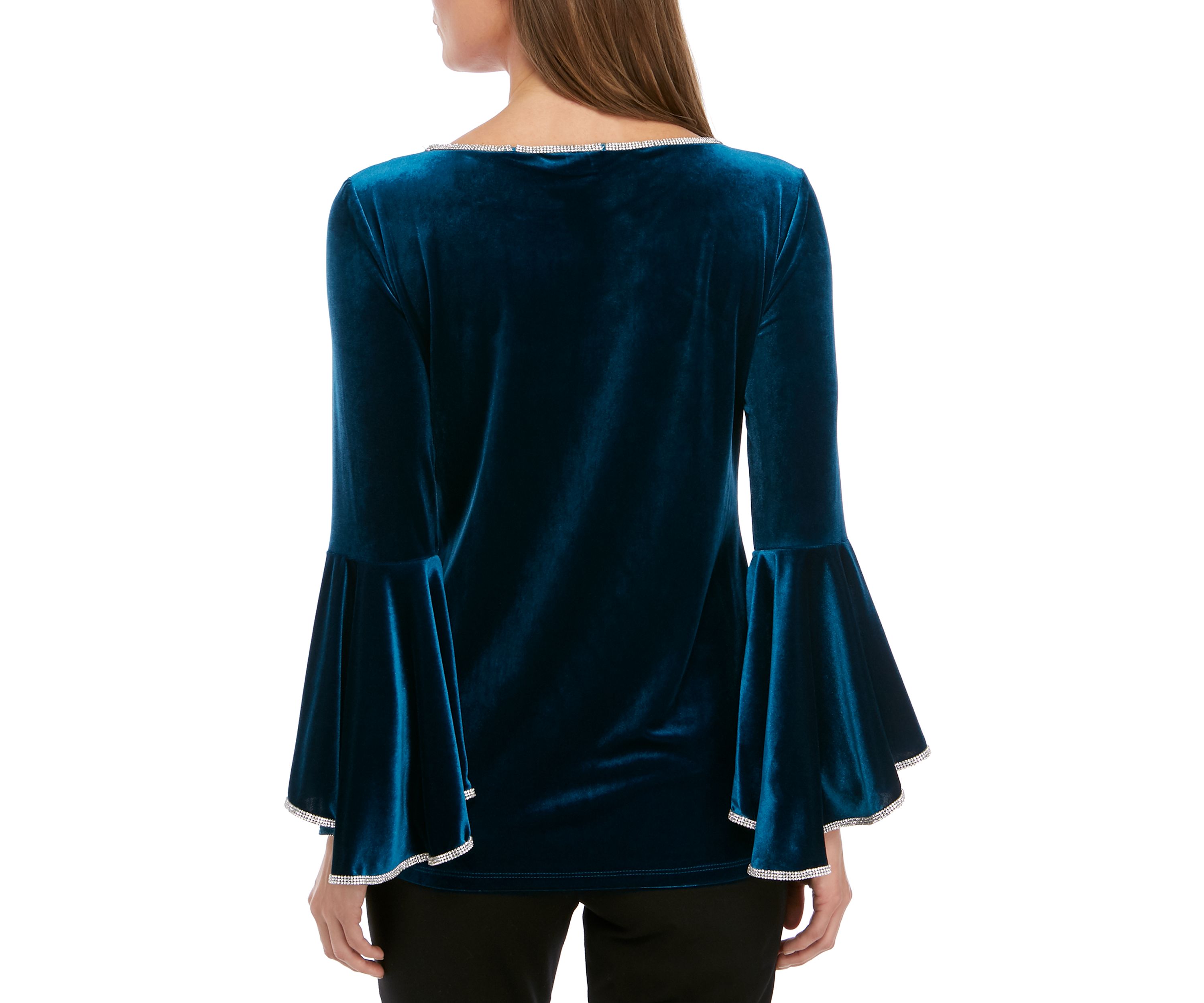 Womens Bell Sleeve Velvet Top with Rhinestone Trim 
