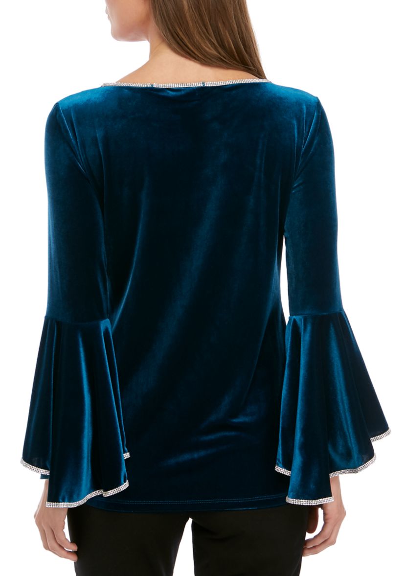 Womens Bell Sleeve Velvet Top with Rhinestone Trim 