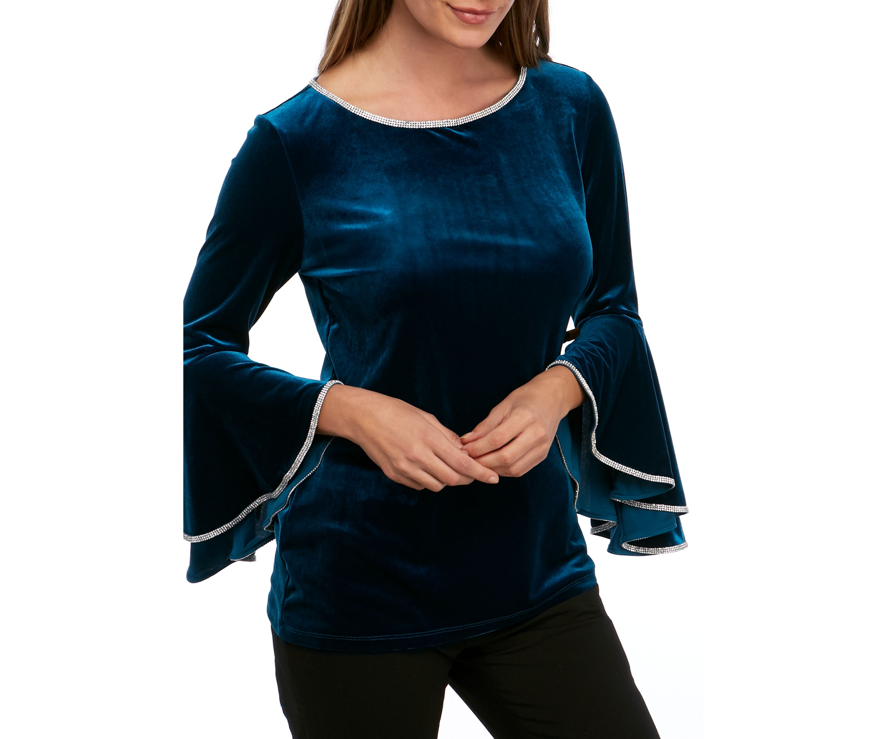 Womens Bell Sleeve Velvet Top with Rhinestone Trim 
