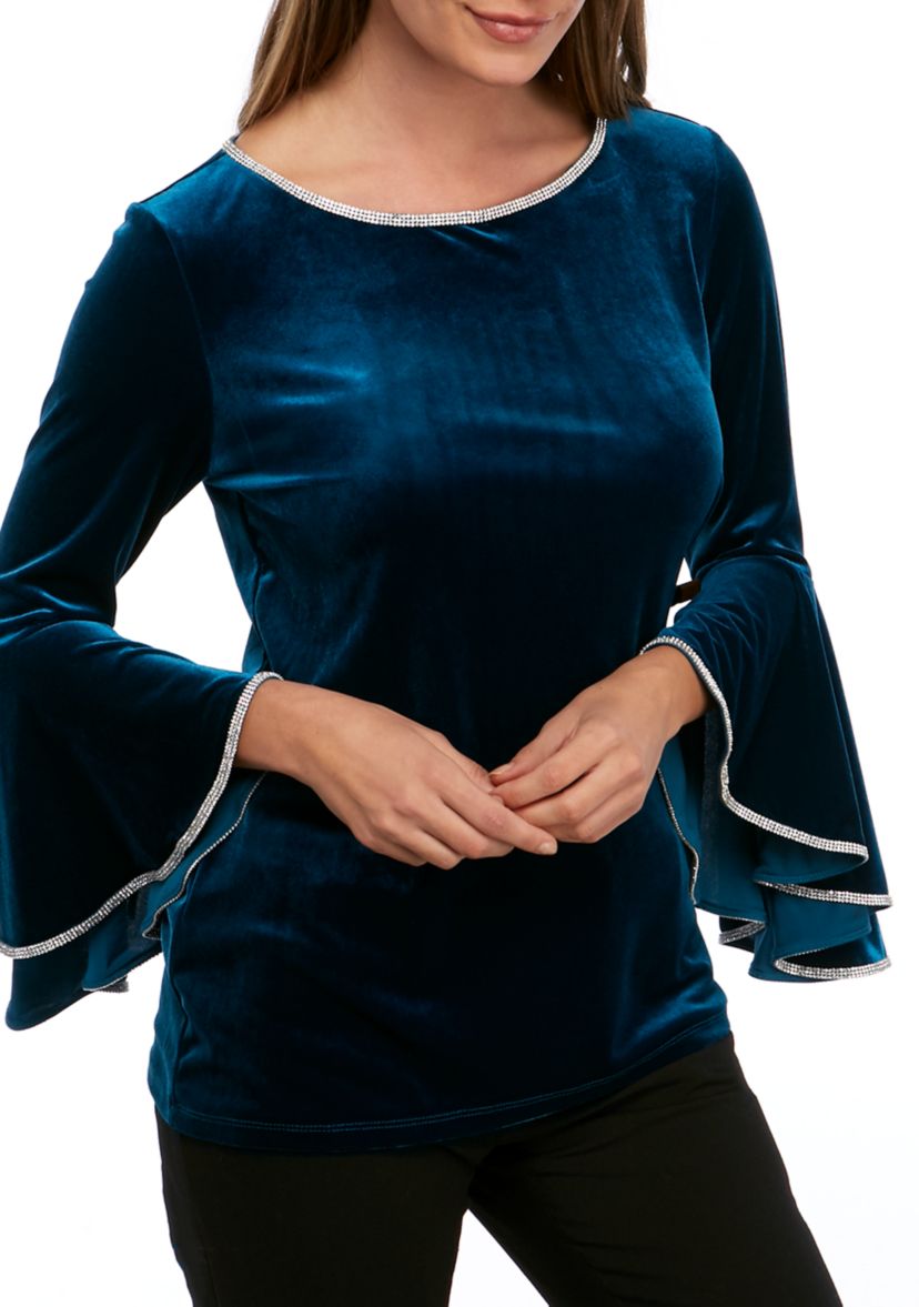 Womens Bell Sleeve Velvet Top with Rhinestone Trim 