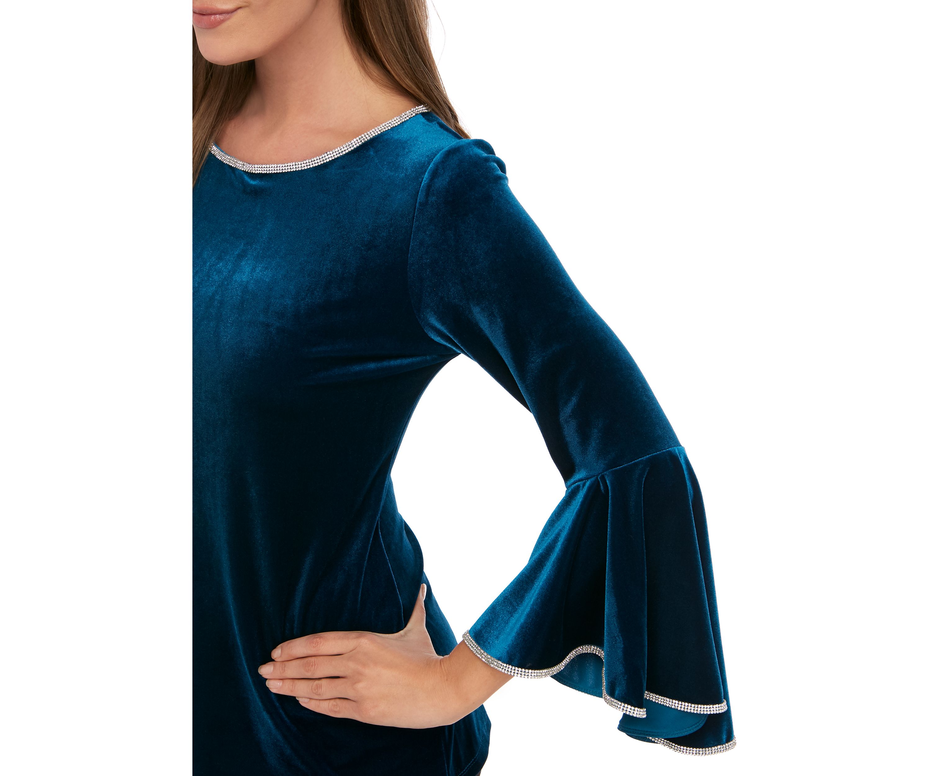 Womens Bell Sleeve Velvet Top with Rhinestone Trim 