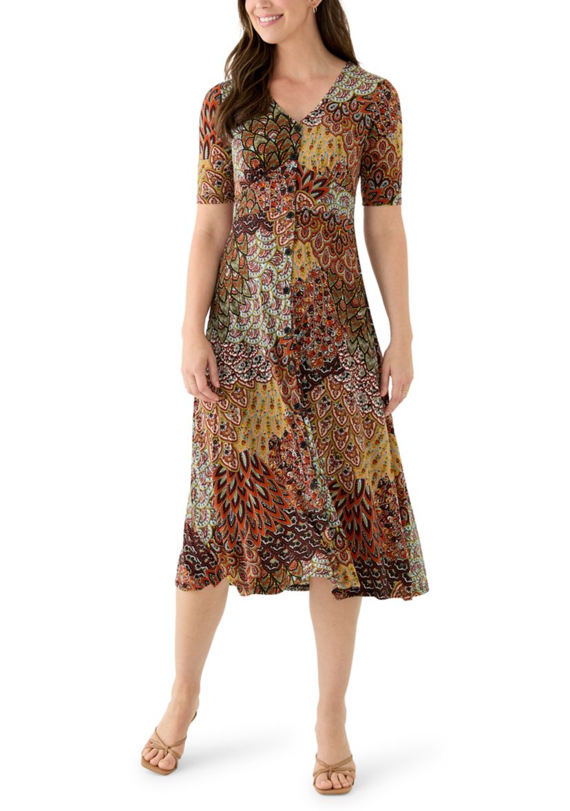 Womens 3/4 V-Neck Abstract Print Maxi Dress