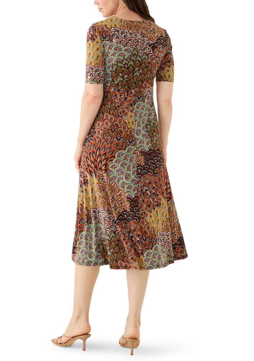 Womens 3/4 V-Neck Abstract Print Maxi Dress