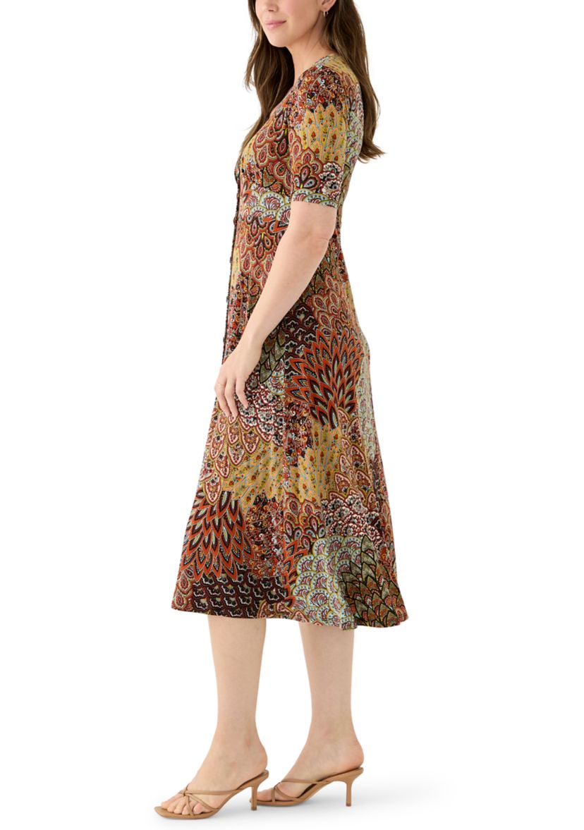 Womens 3/4 V-Neck Abstract Print Maxi Dress