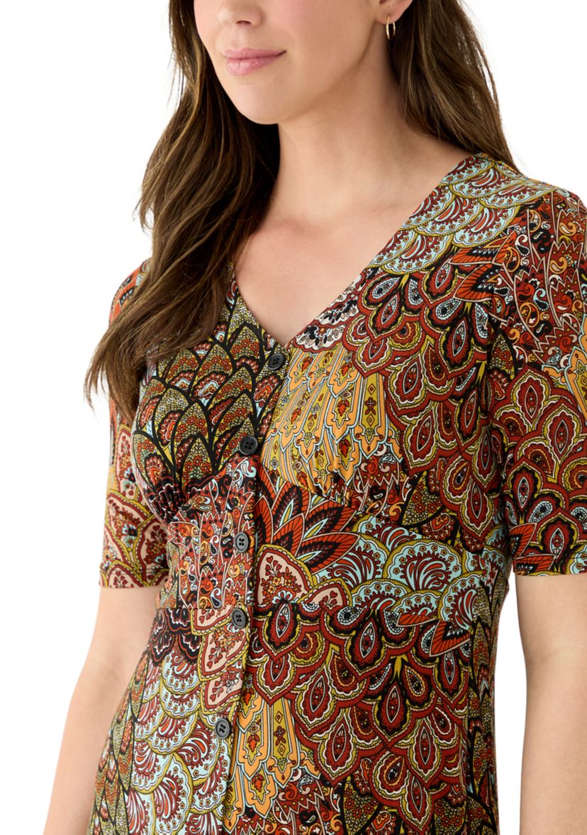 Womens 3/4 V-Neck Abstract Print Maxi Dress