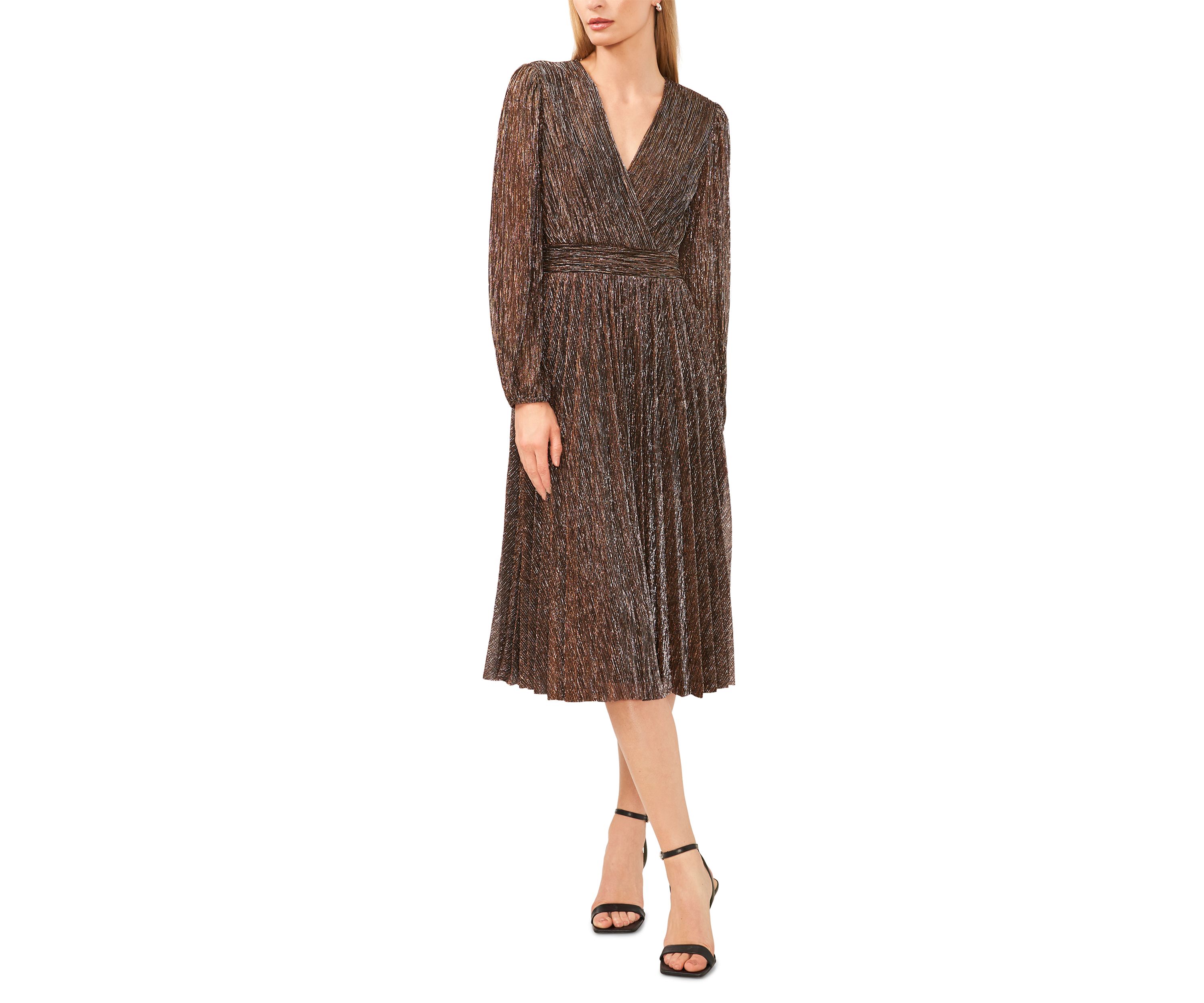 Womens Long Sleeve V-Neck Glitter Knit Fit and Flare Dress