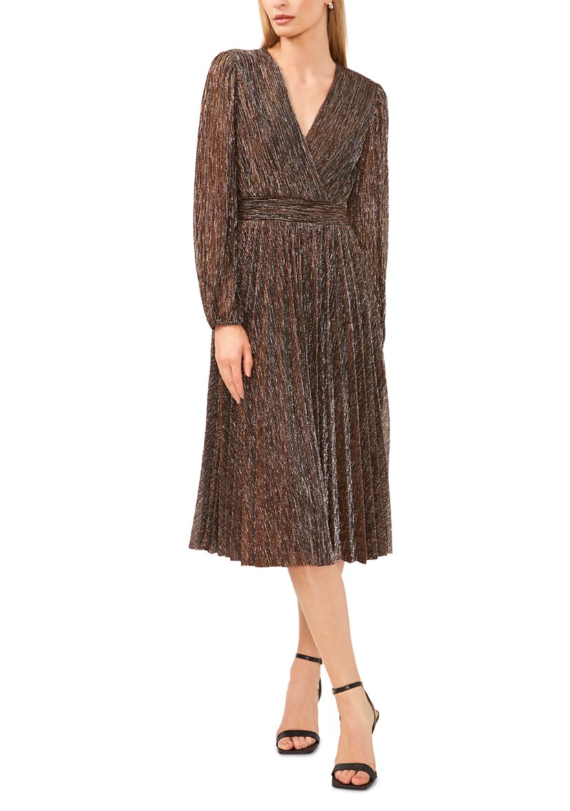 Womens Long Sleeve V-Neck Glitter Knit Fit and Flare Dress