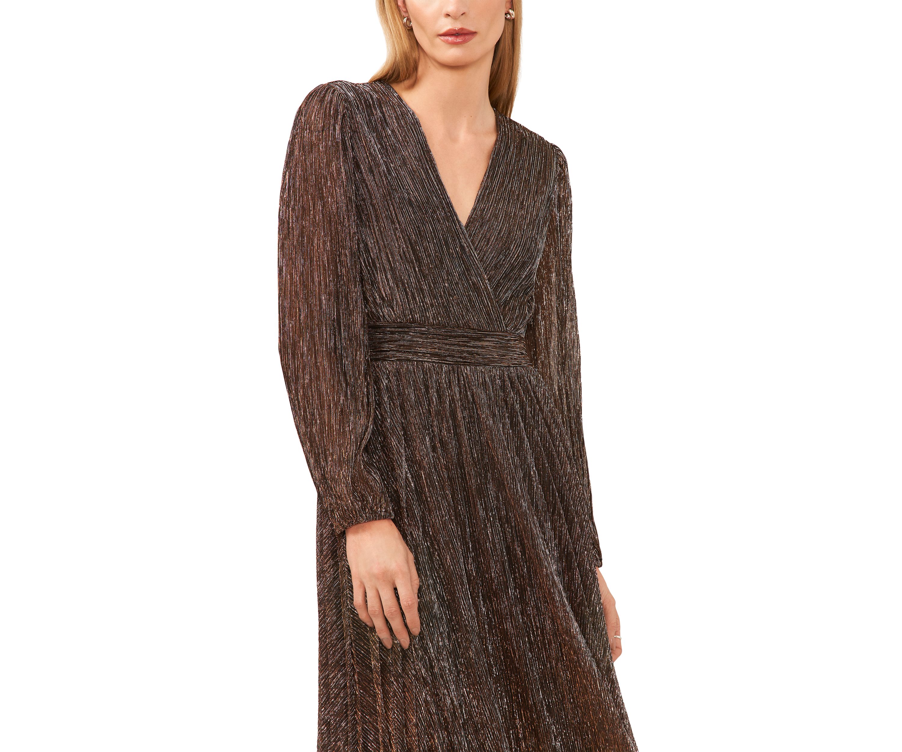 Womens Long Sleeve V-Neck Glitter Knit Fit and Flare Dress
