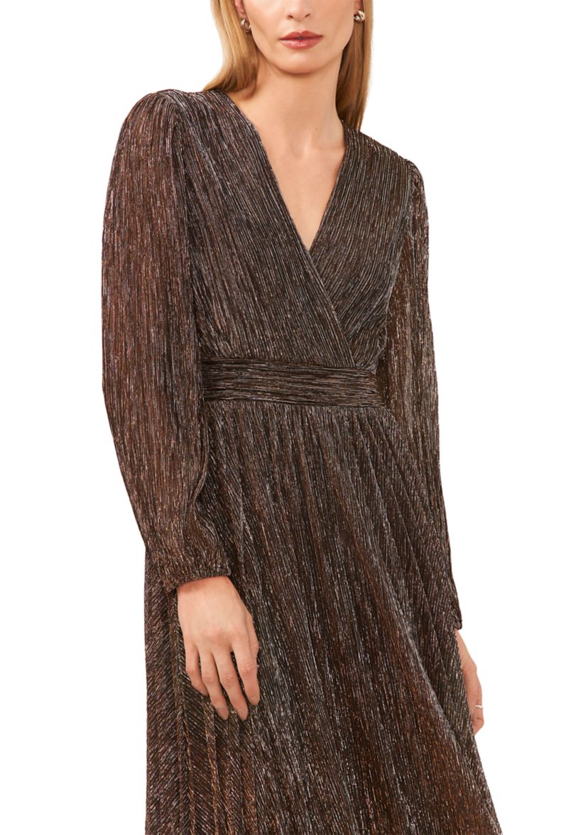 Womens Long Sleeve V-Neck Glitter Knit Fit and Flare Dress