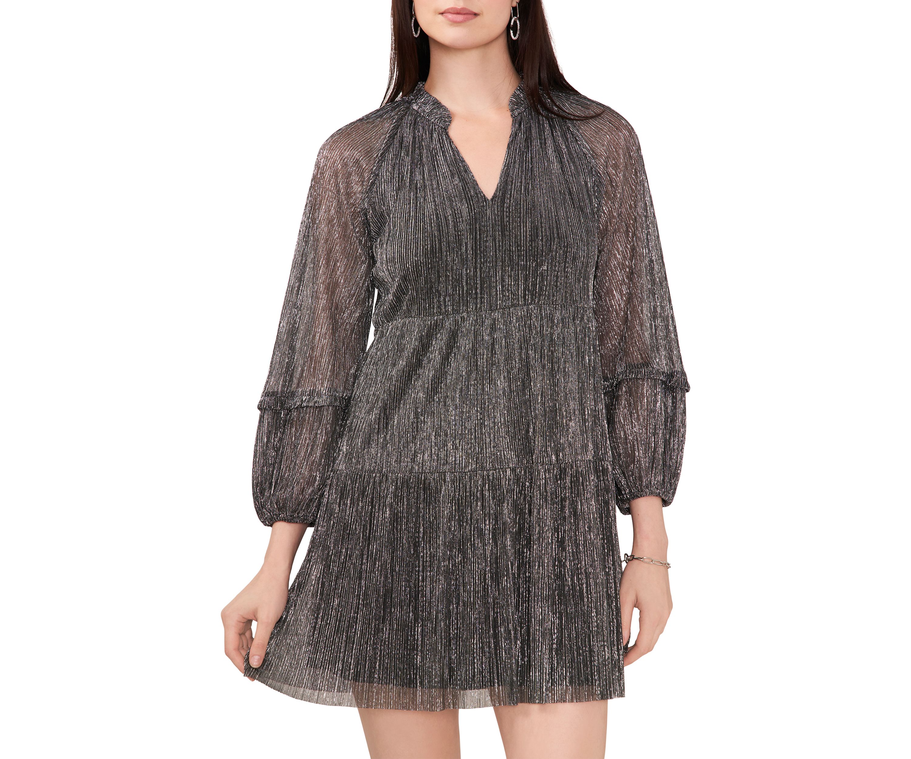 Womens Blouson Sleeve V-Neck Babydoll Dress