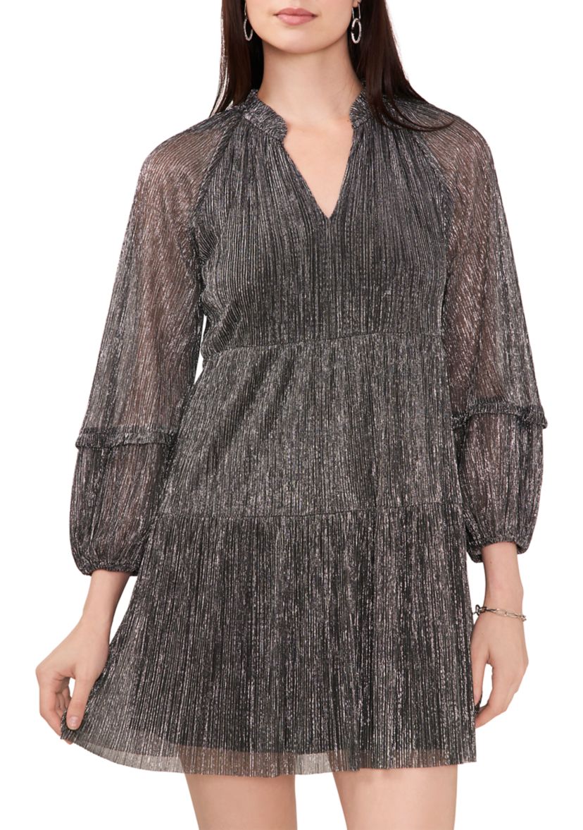 Womens Blouson Sleeve V-Neck Babydoll Dress