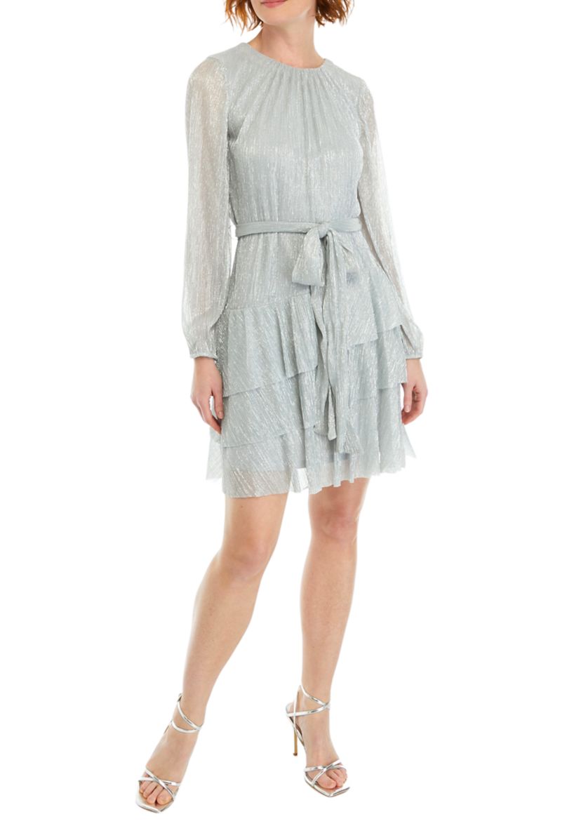 Womens Blouson  Sleeve Crinkle Foil Dress