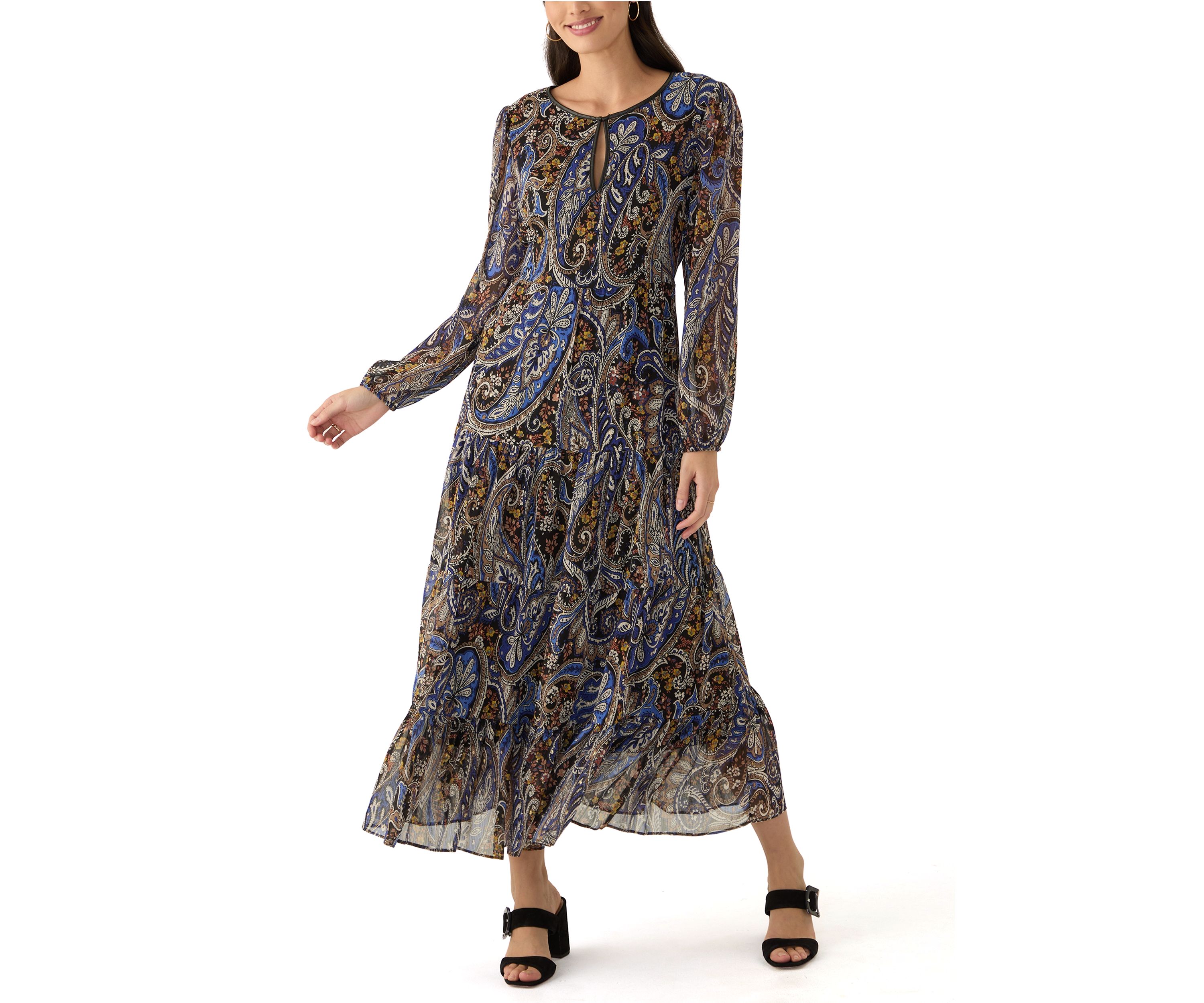 Womens Long Sleeve Paisley Print Tiered Midi Chiffon Fit and Flare Dress