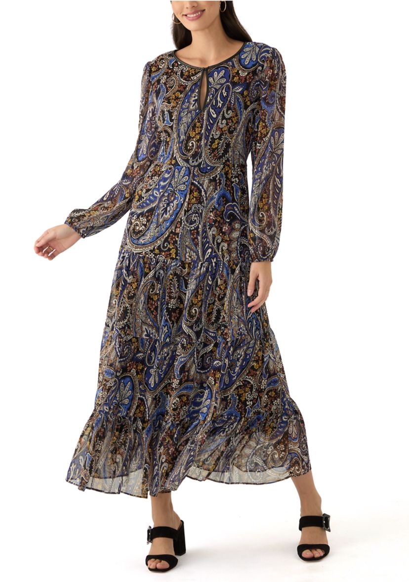 Womens Long Sleeve Paisley Print Tiered Midi Chiffon Fit and Flare Dress