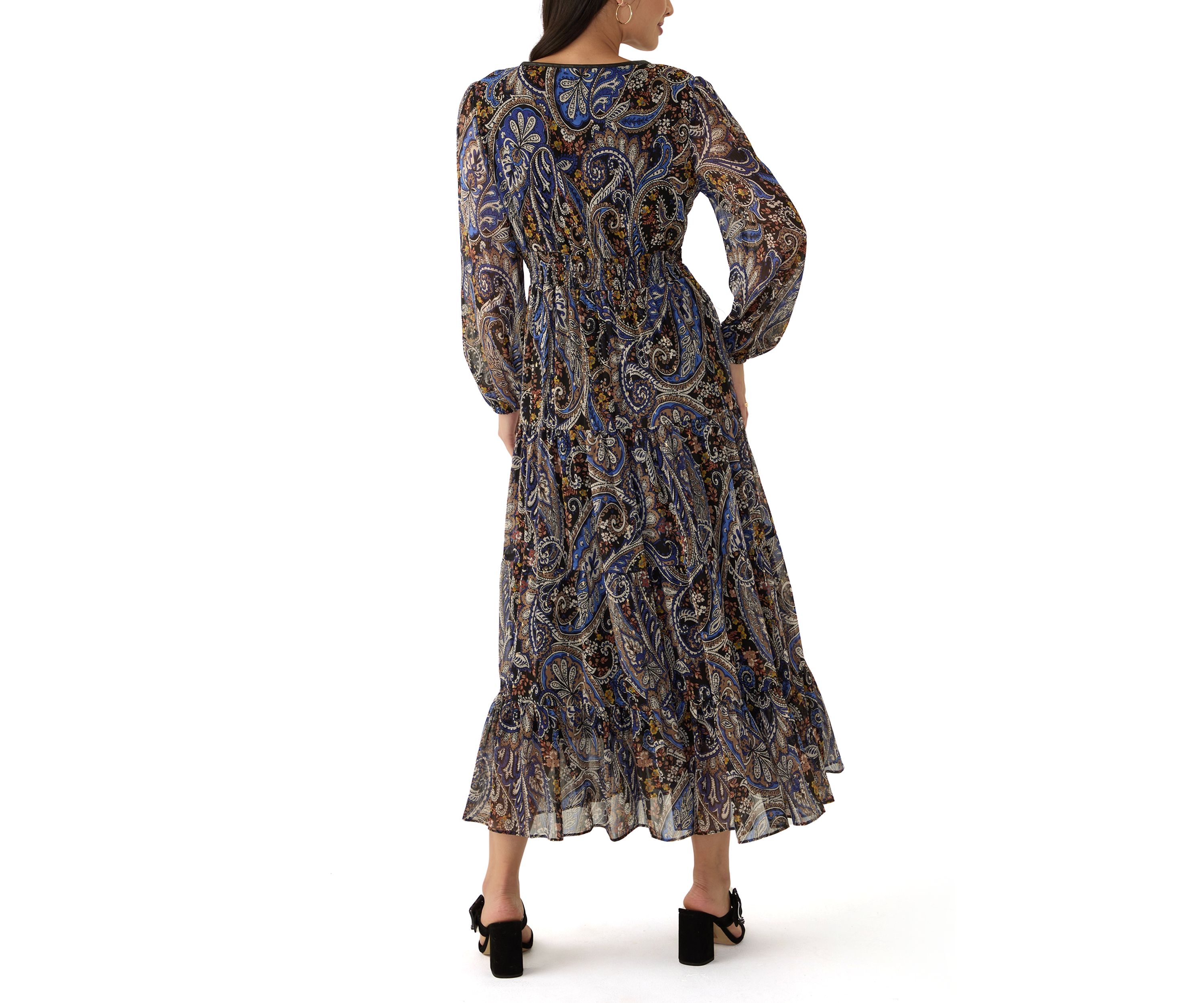 Womens Long Sleeve Paisley Print Tiered Midi Chiffon Fit and Flare Dress