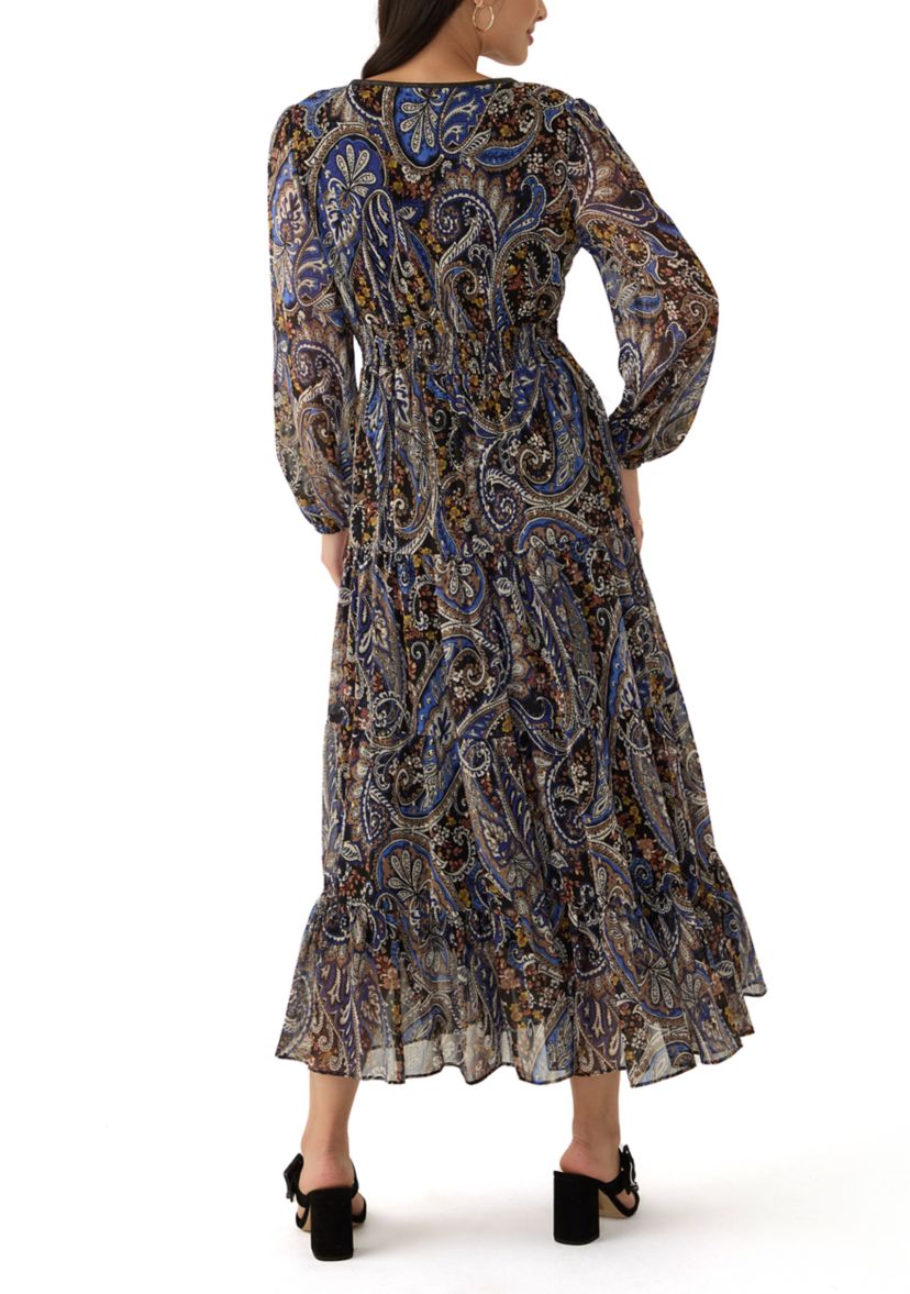 Womens Long Sleeve Paisley Print Tiered Midi Chiffon Fit and Flare Dress