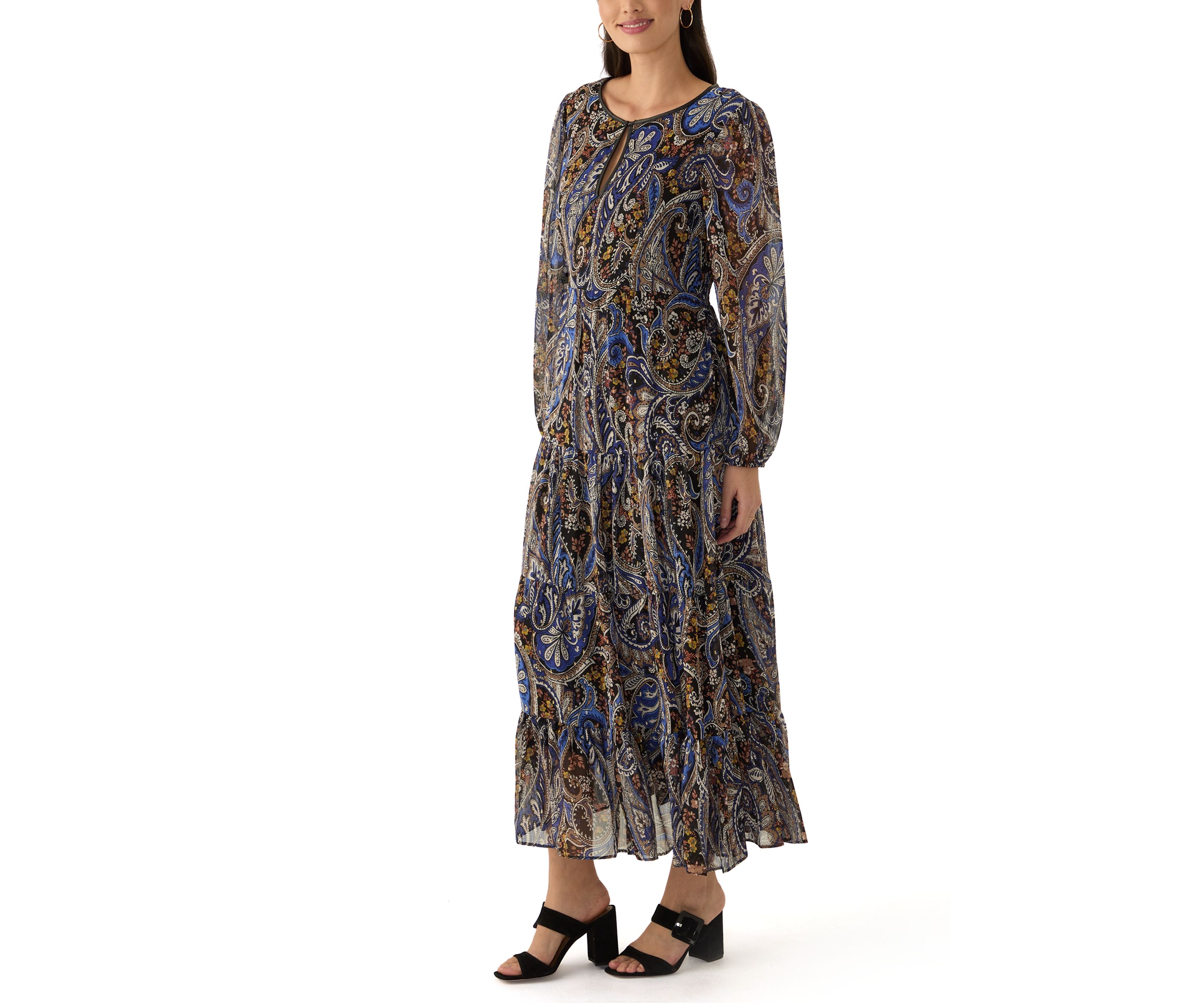 Womens Long Sleeve Paisley Print Tiered Midi Chiffon Fit and Flare Dress