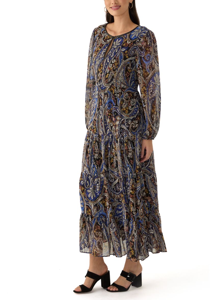 Womens Long Sleeve Paisley Print Tiered Midi Chiffon Fit and Flare Dress