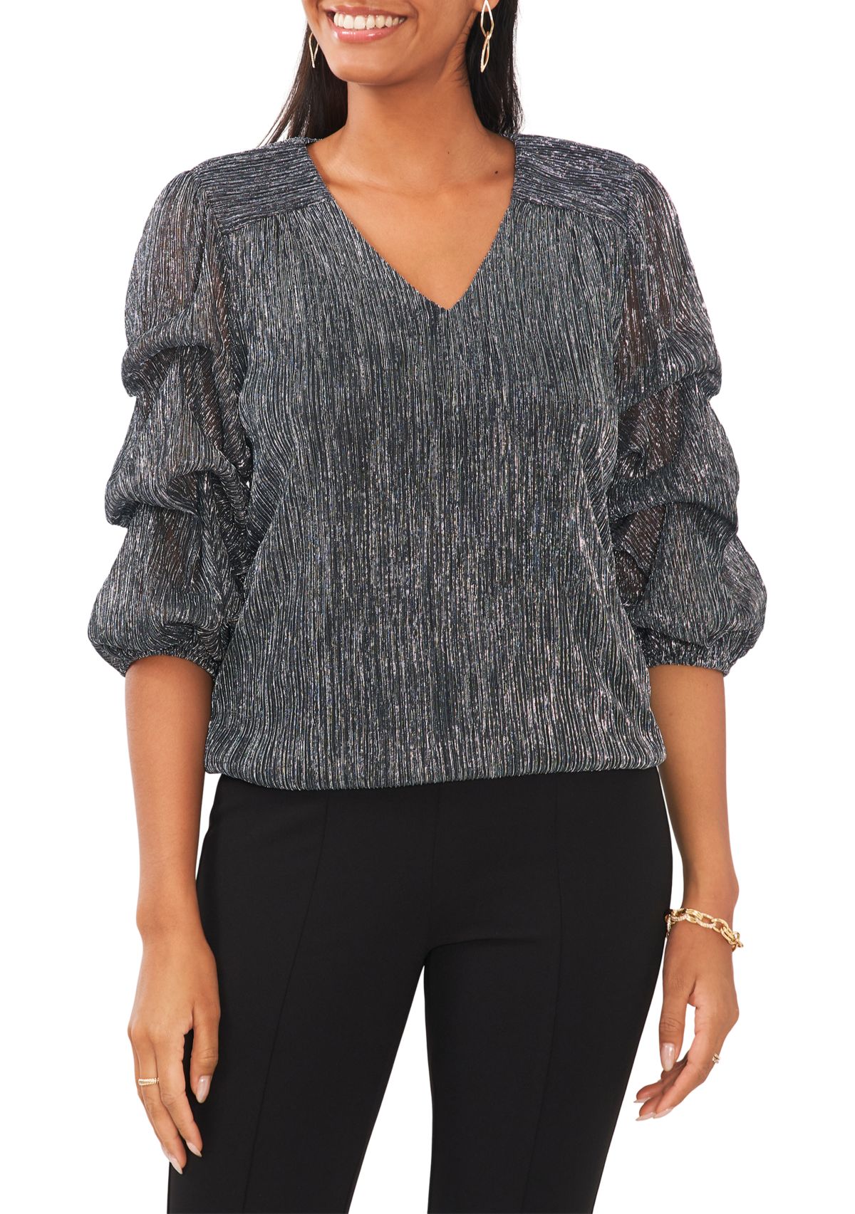 Womens V-Neck Puff Sleeve Top