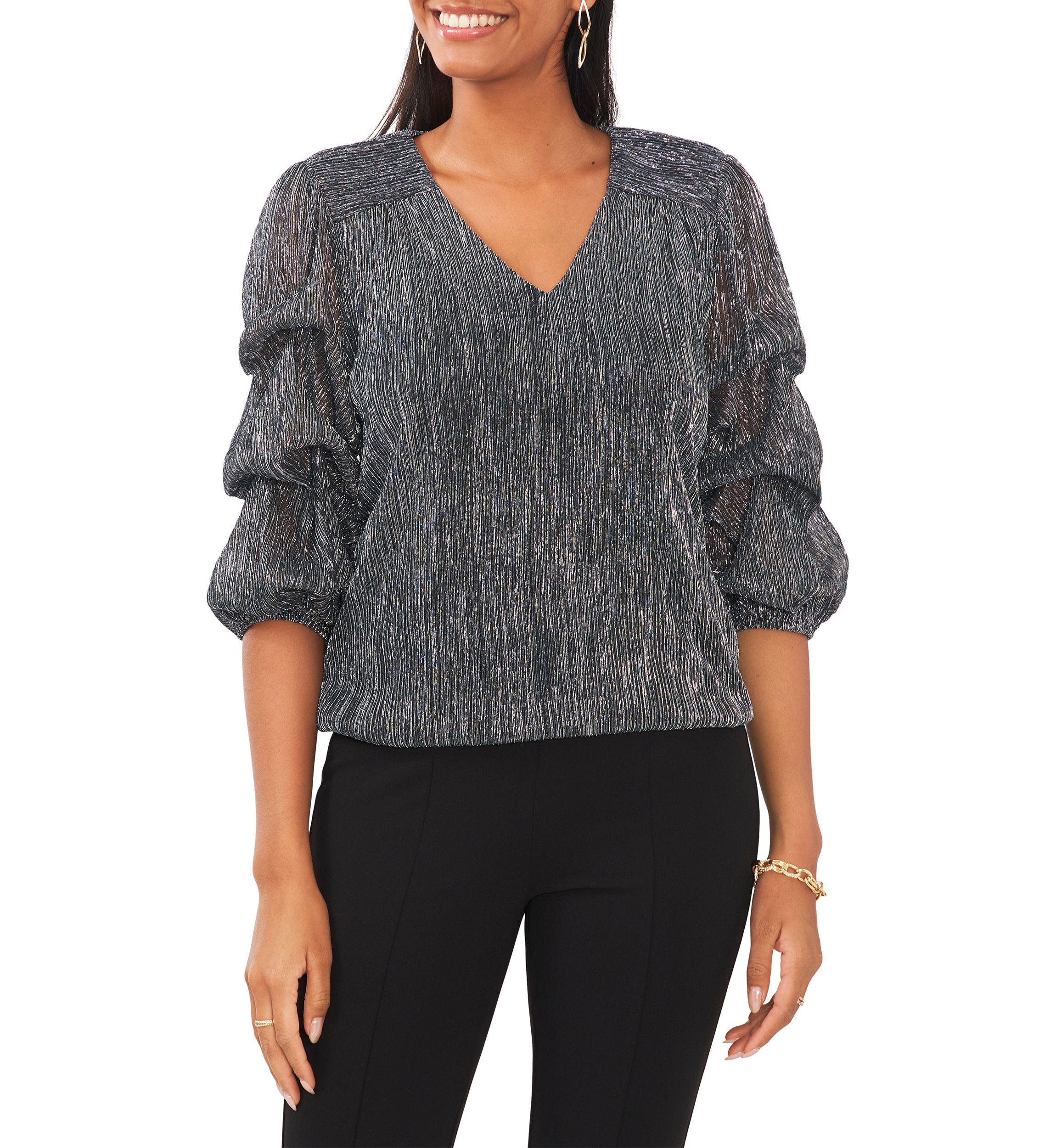 Womens V-Neck Puff Sleeve Top