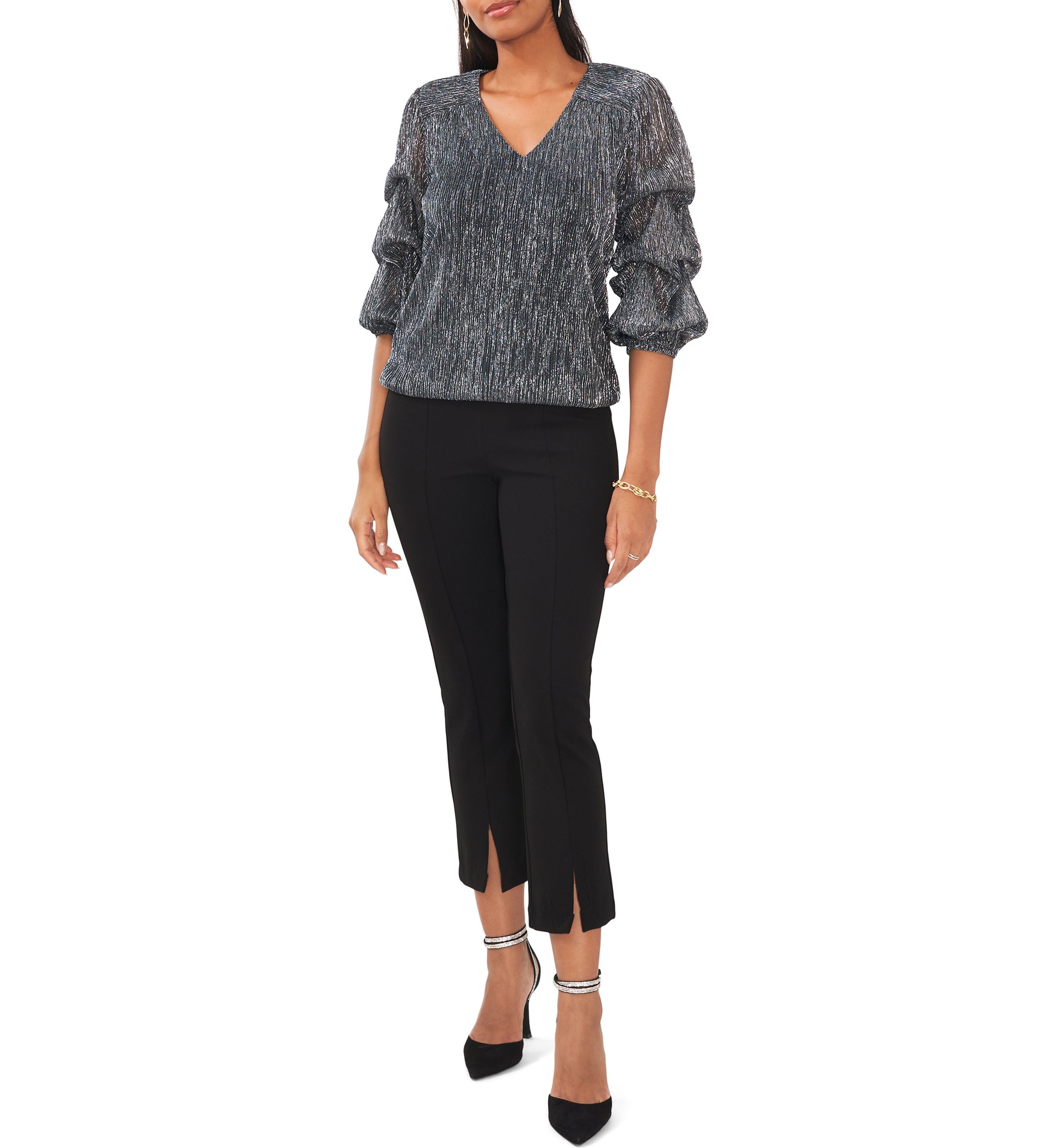 Womens V-Neck Puff Sleeve Top