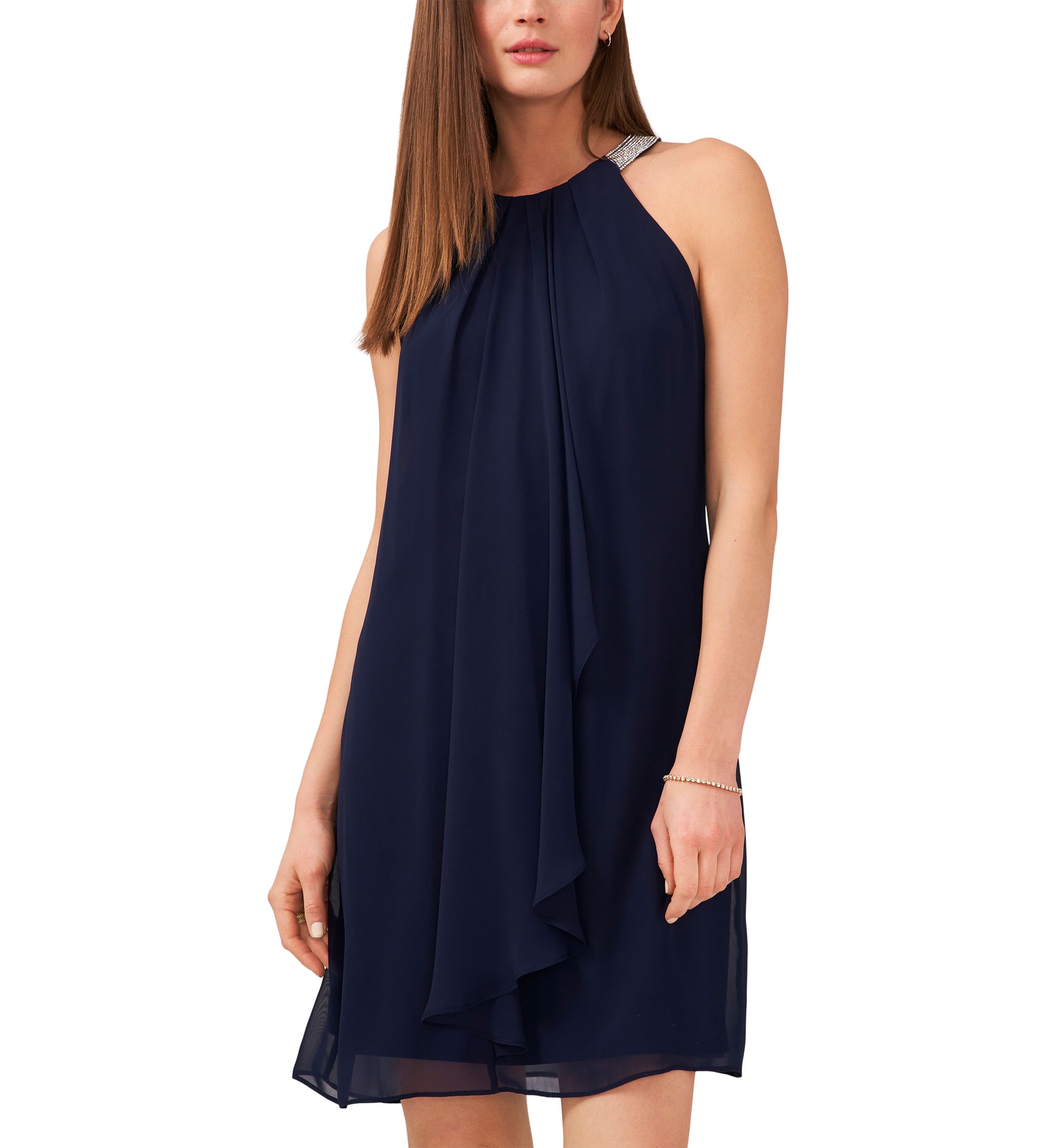 Womens Sleeveless Halter Chiffon Embellished Collar Dress