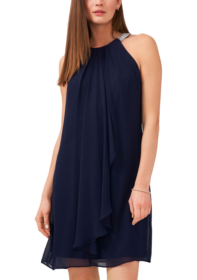 Womens Sleeveless Halter Chiffon Embellished Collar Dress