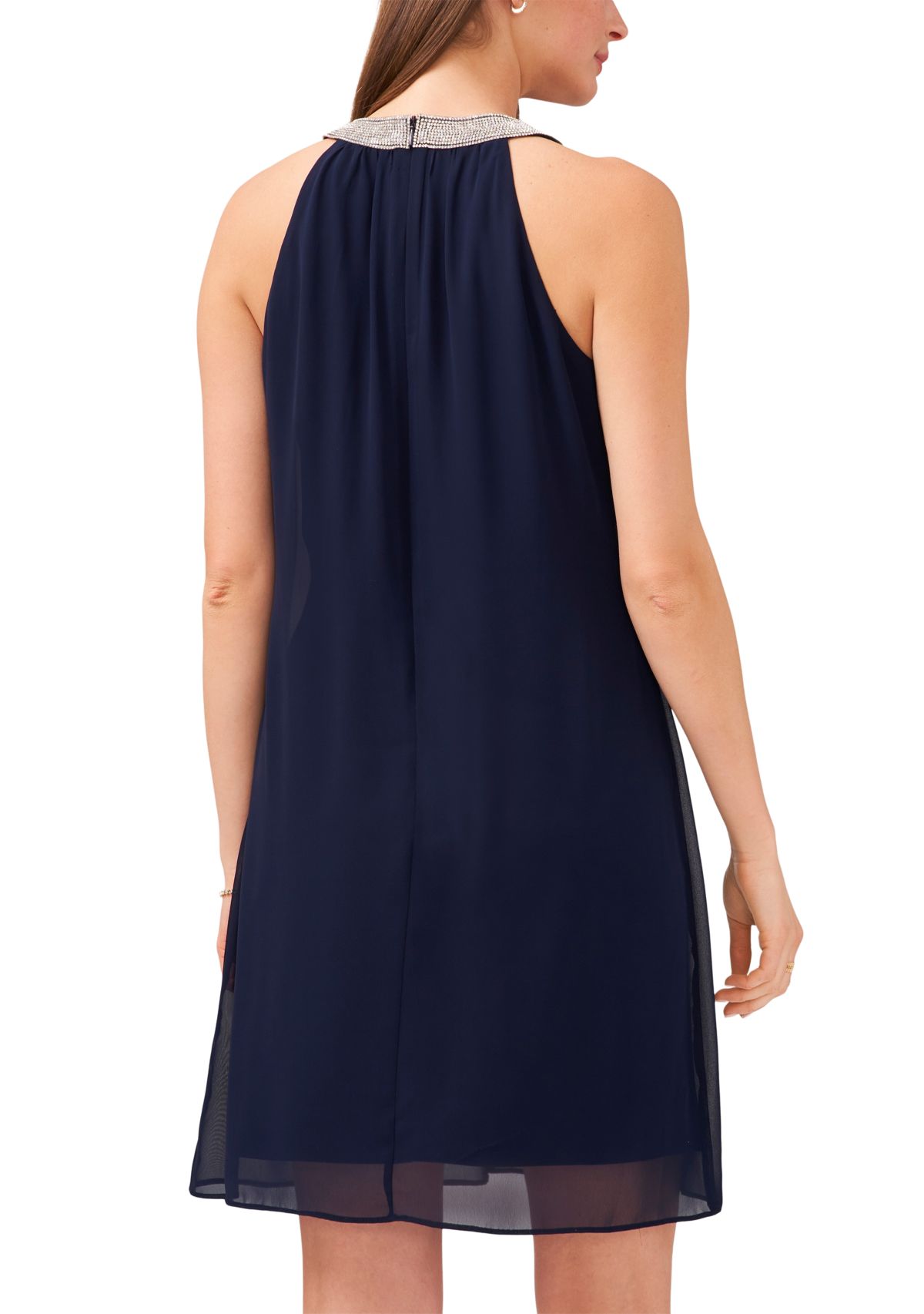 Womens Sleeveless Halter Chiffon Embellished Collar Dress