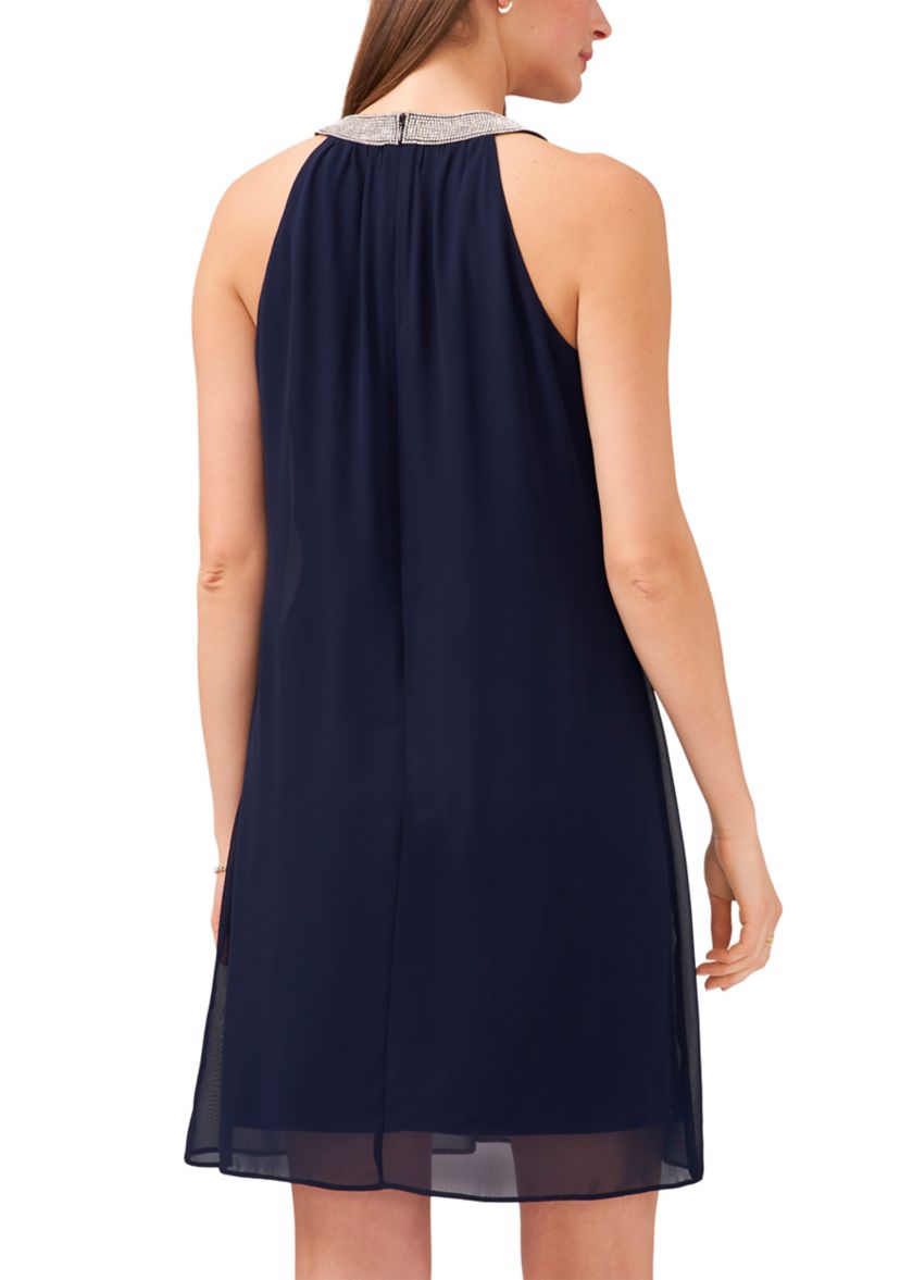 Womens Sleeveless Halter Chiffon Embellished Collar Dress