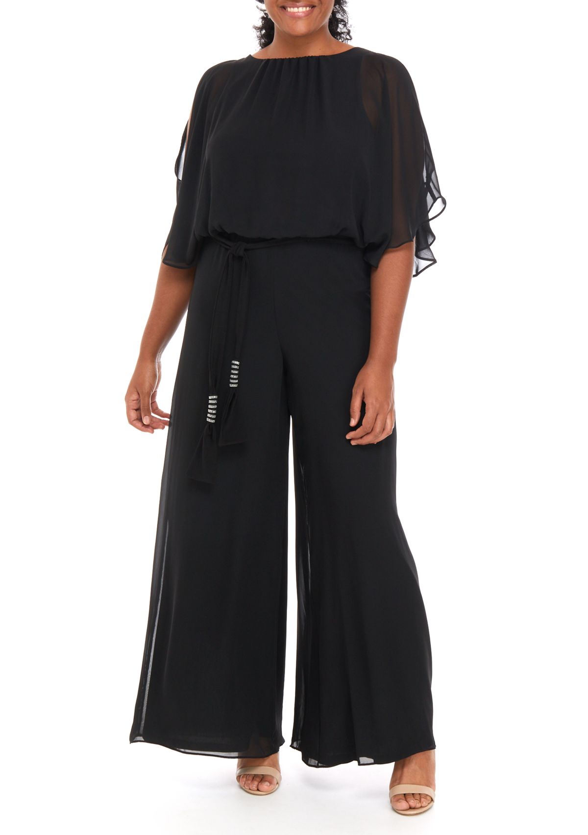 Womens Split Sleeve Tie Waist Jumpsuit 