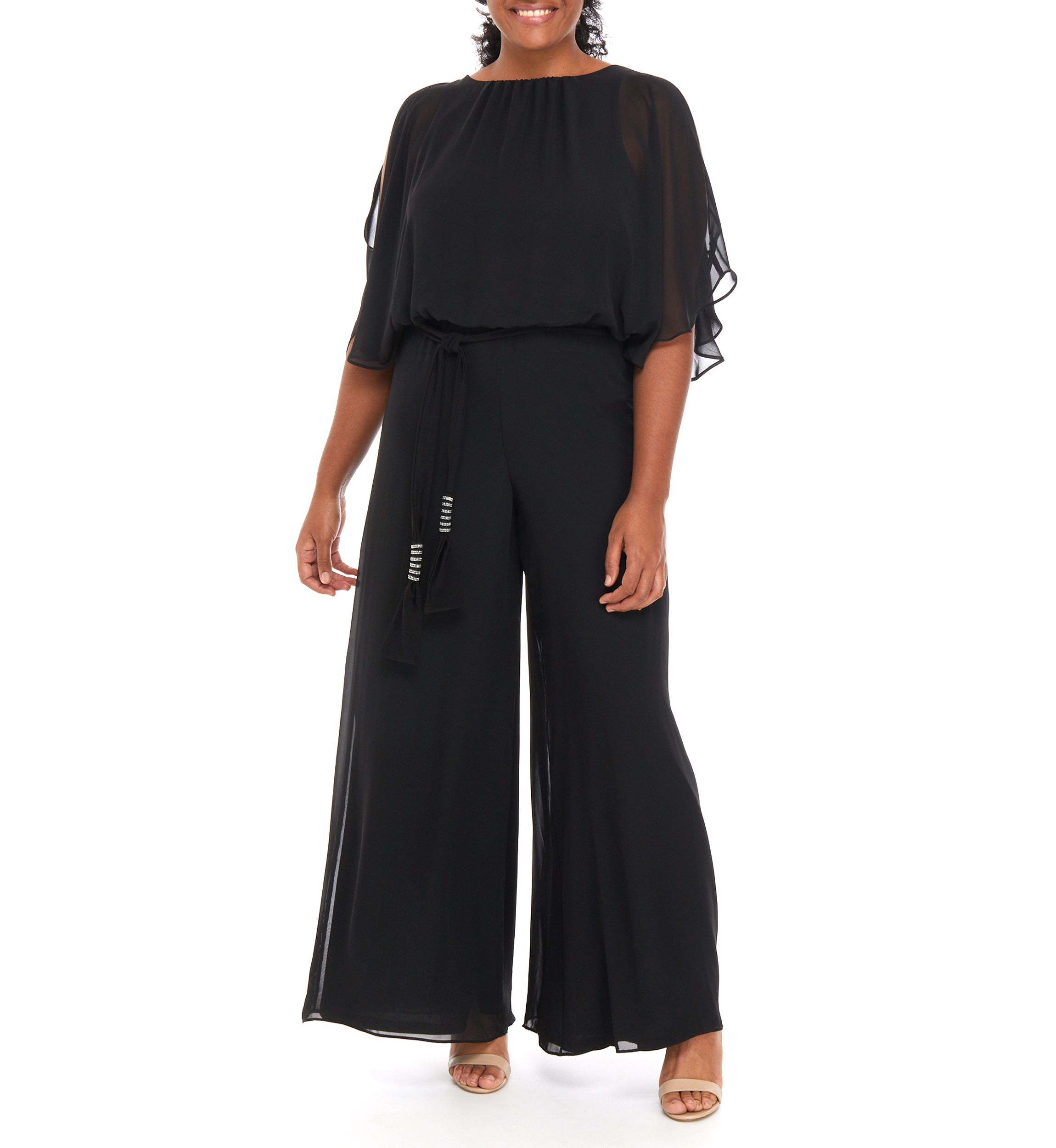 Womens Split Sleeve Tie Waist Jumpsuit 