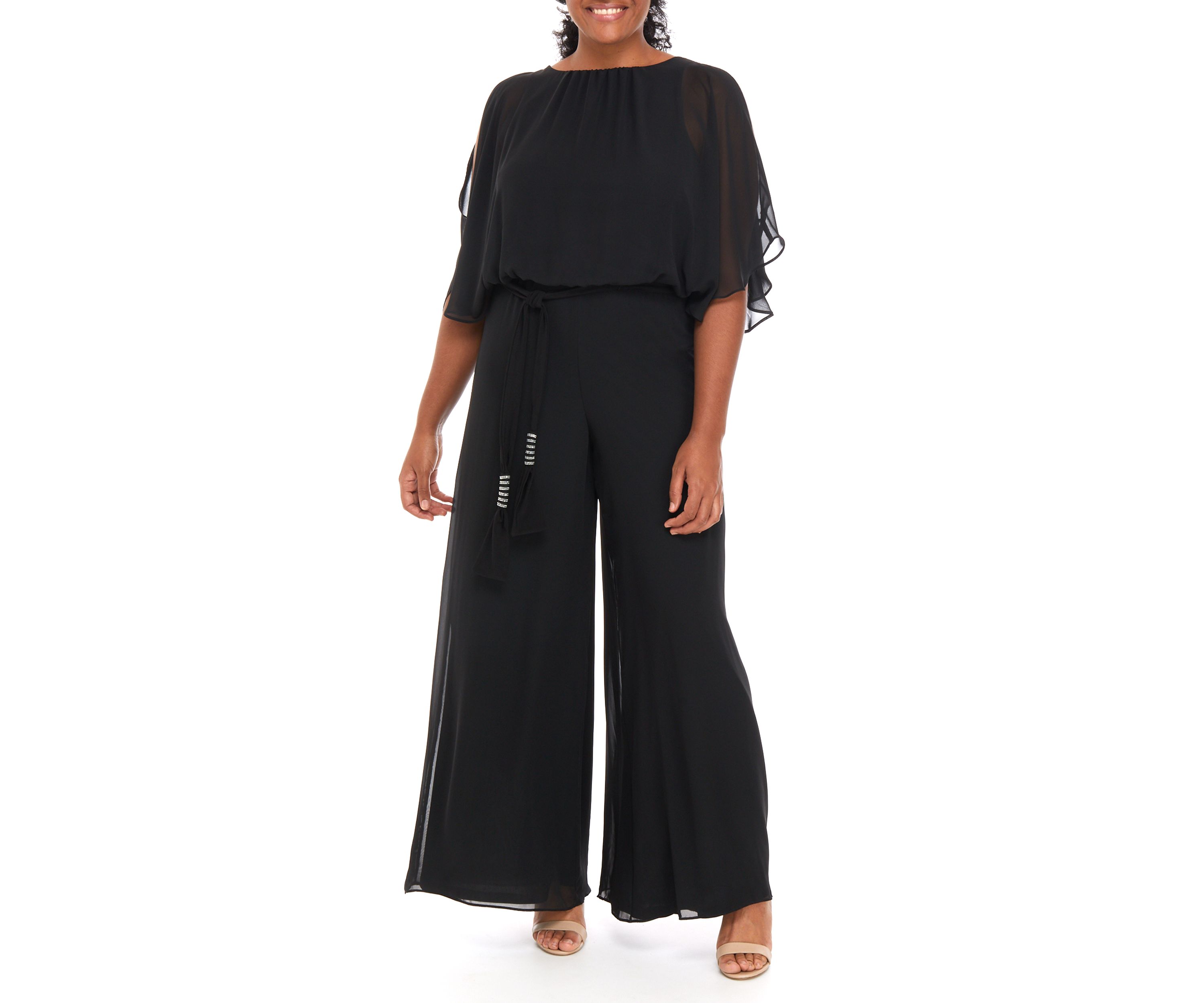 Womens Split Sleeve Tie Waist Jumpsuit 