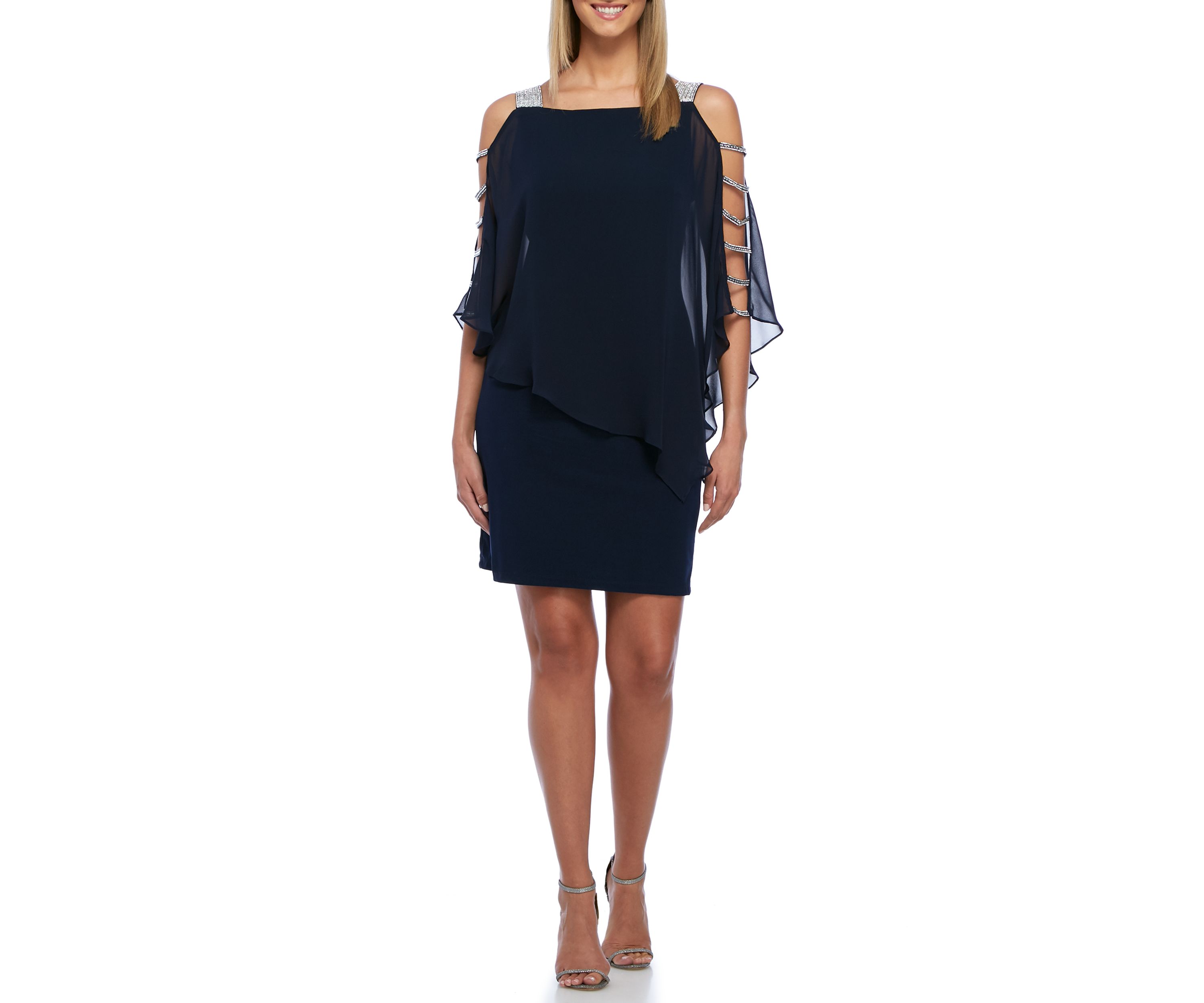Womens Embellished Sheer Cape Overlay Cocktail Dress