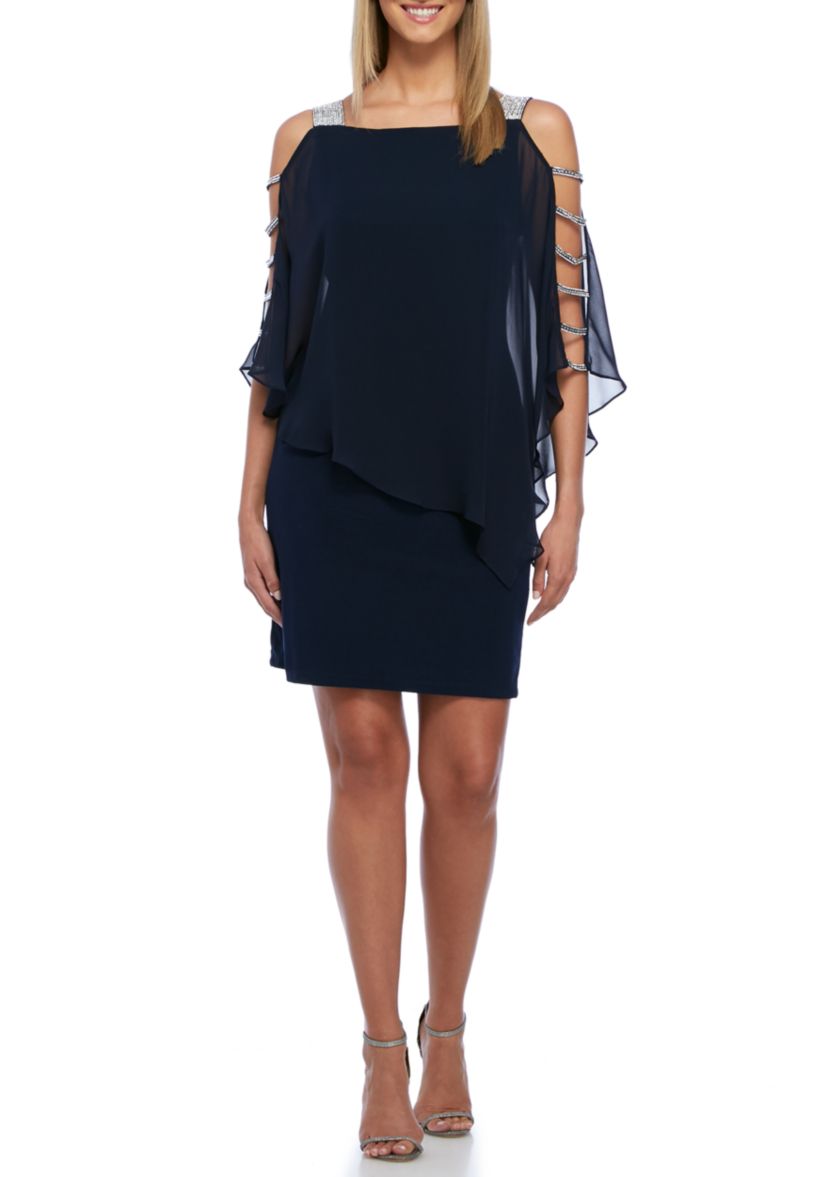 Womens Embellished Sheer Cape Overlay Cocktail Dress