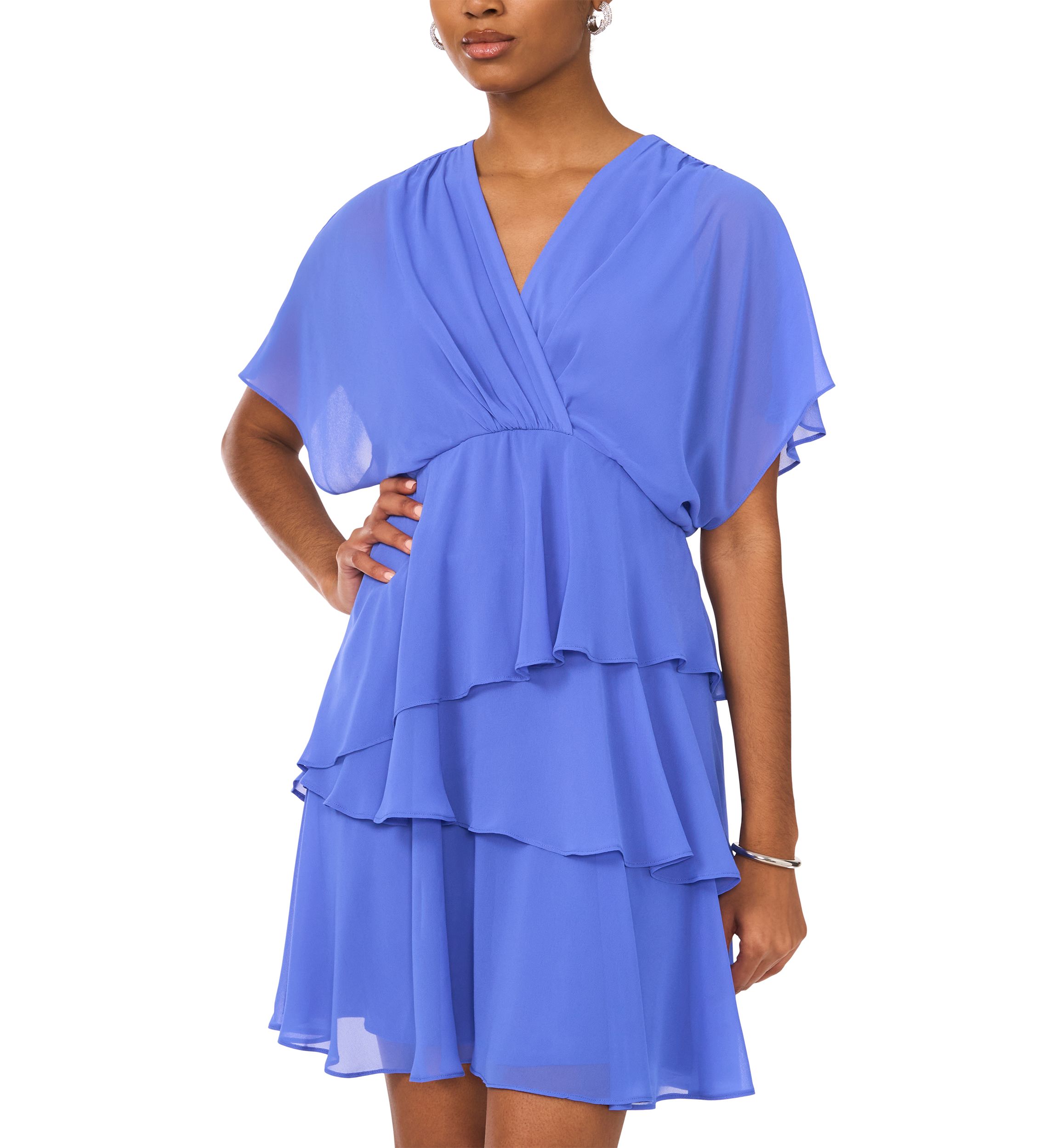 Womens Short Sleeve V-Neck Solid Chiffon Fit and Flare Dress