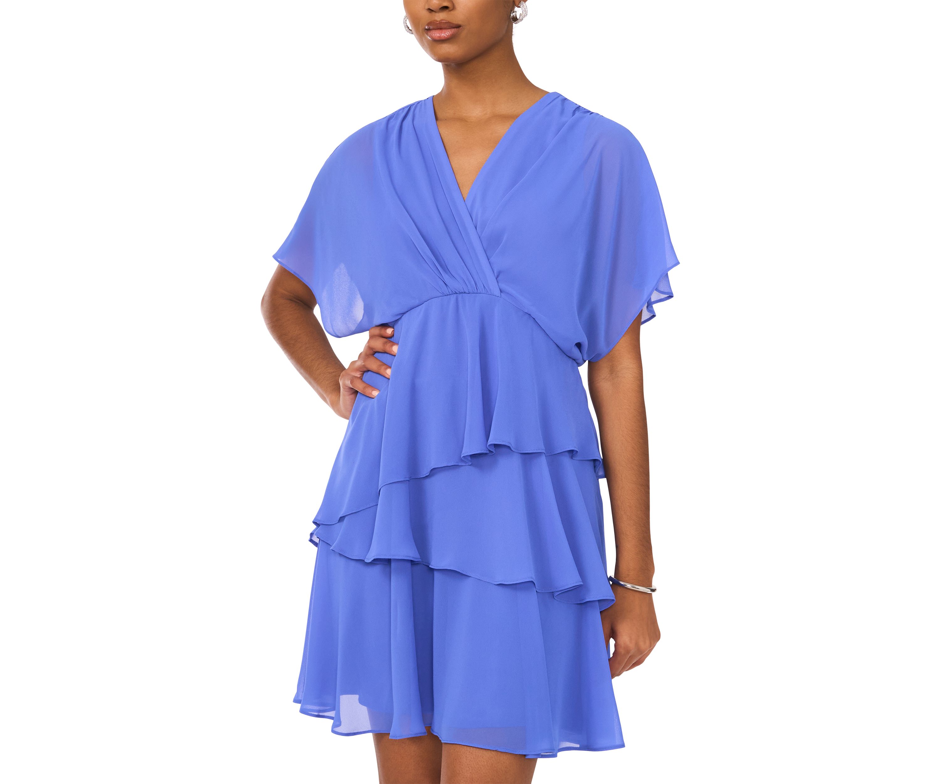 Womens Short Sleeve V-Neck Solid Chiffon Fit and Flare Dress
